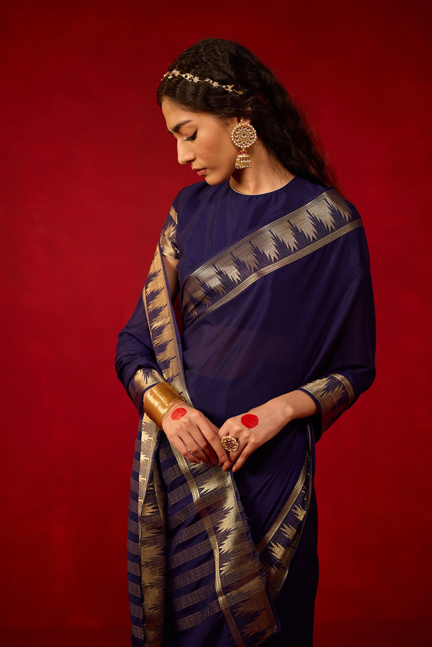 Royal Blue Viscose Saree with Geometric Zari Border