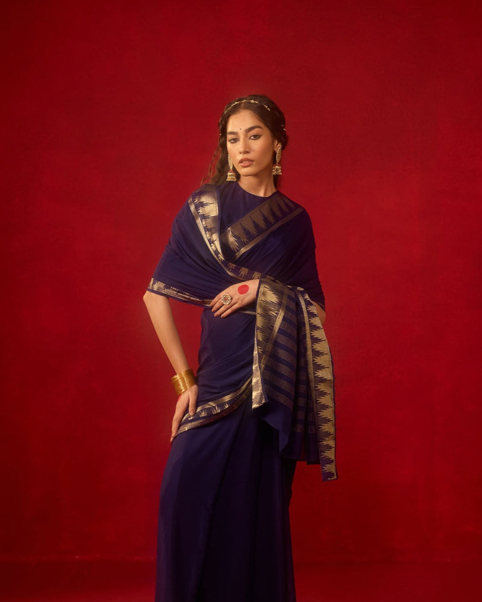 Royal Blue Viscose Saree with Geometric Zari Border