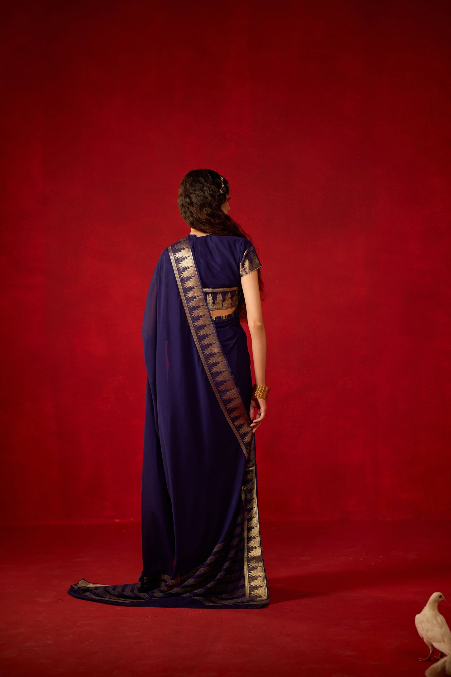 Royal Blue Viscose Saree with Geometric Zari Border