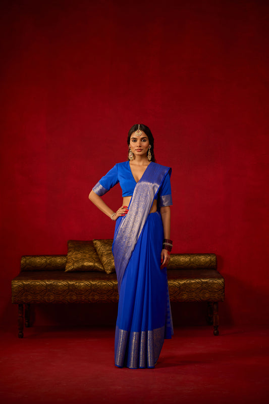 Royal Blue Viscose Saree with Silver Zari Floral Border