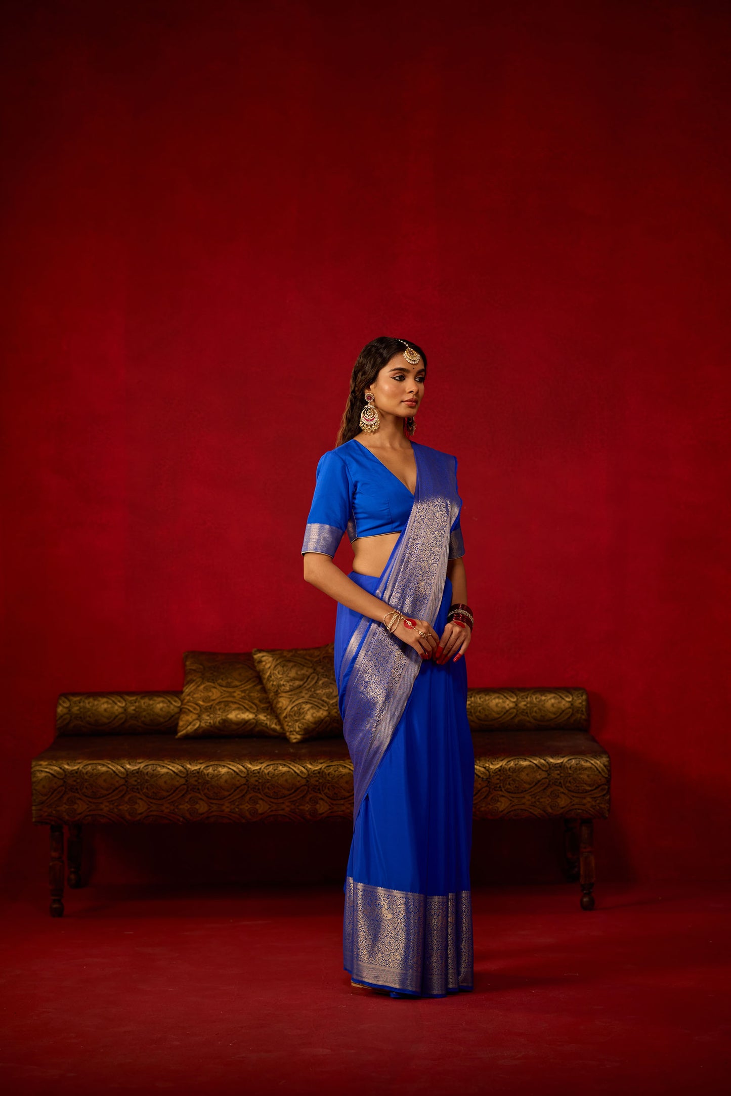 Royal Blue Viscose Saree with Silver Zari Floral Border