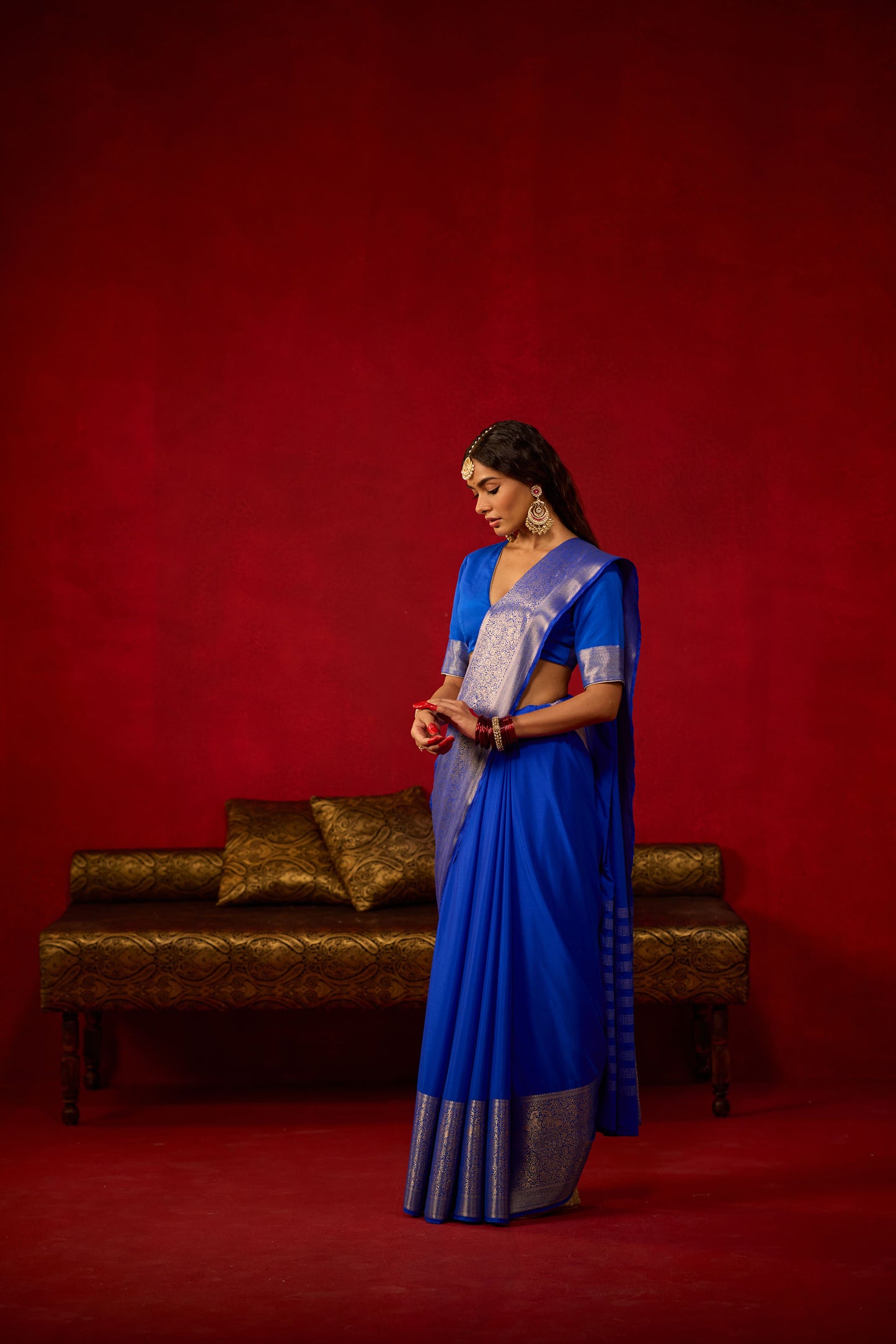 Royal Blue Viscose Saree with Silver Zari Floral Border