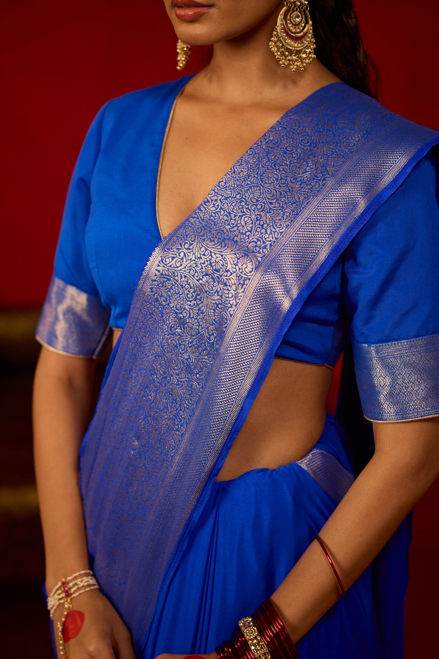 Royal Blue Viscose Saree with Silver Zari Floral Border