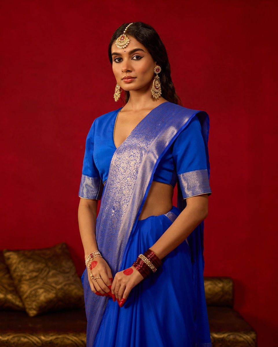 Royal Blue Viscose Saree with Silver Zari Floral Border