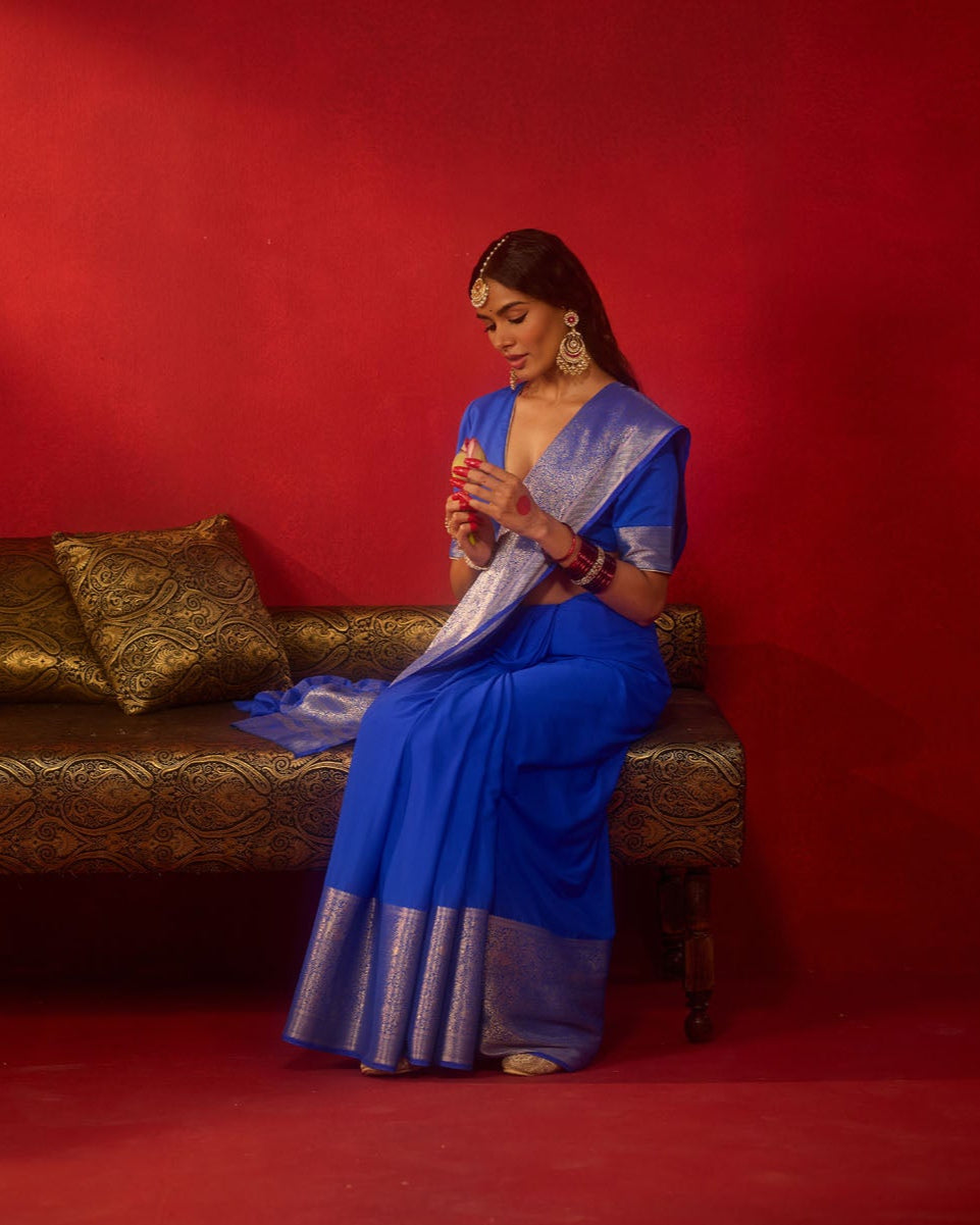 Royal Blue Viscose Saree with Silver Zari Floral Border