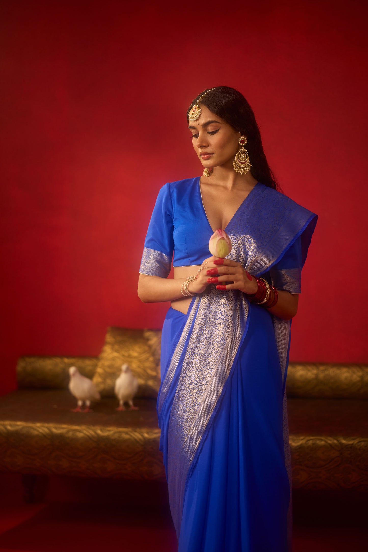Royal Blue Viscose Saree with Silver Zari Floral Border