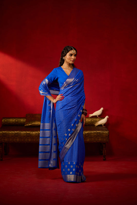 Royal Blue Viscose Saree with Silver Zari Buttas & Checks
