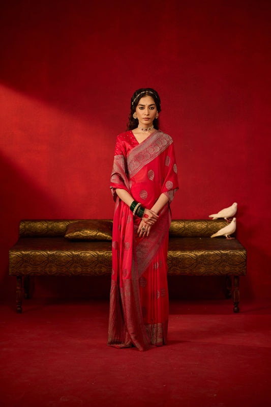Rani Pink Viscose Saree with Copper Zari Buttas and Border