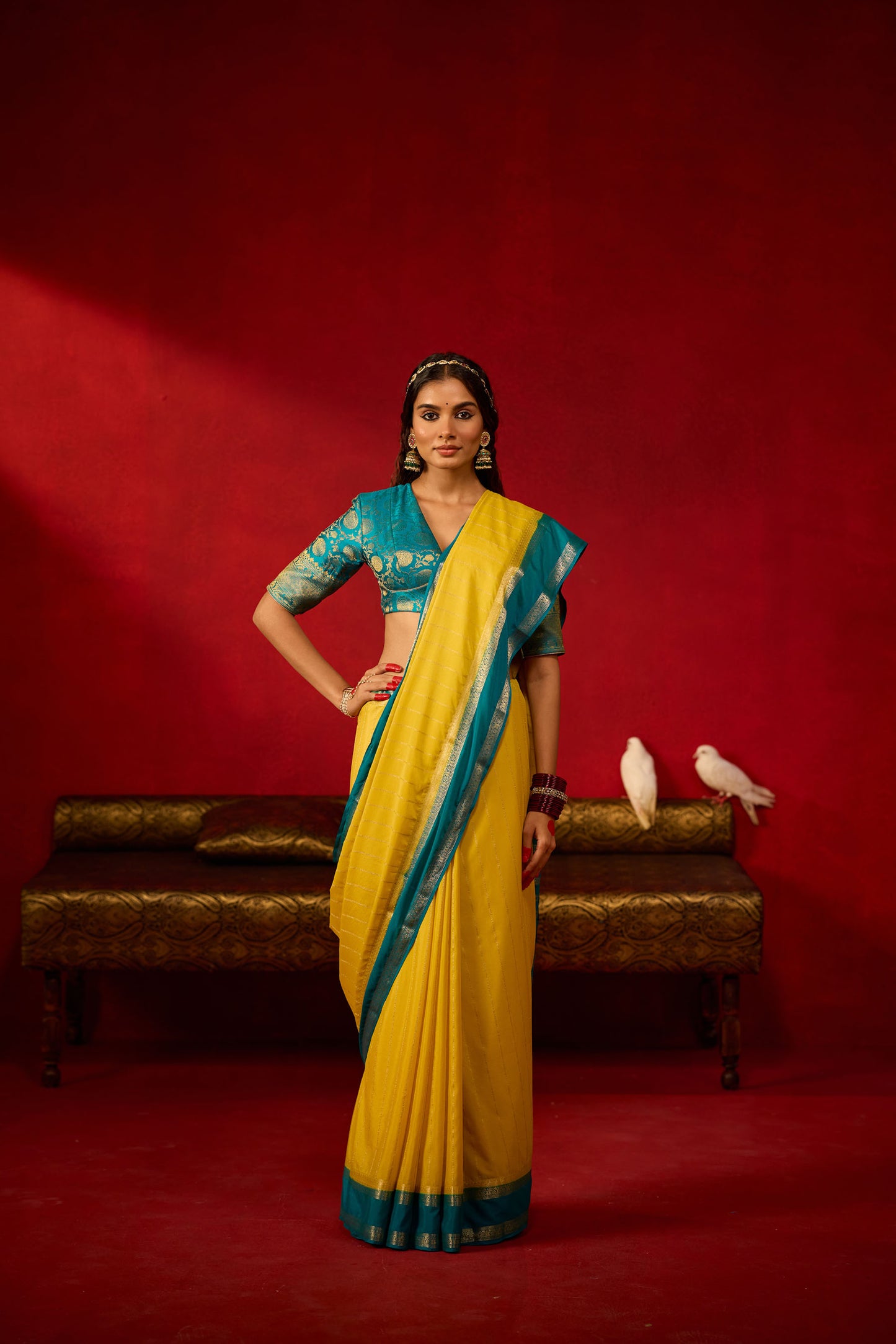 Lemon Yellow & Teal Blue Viscose Saree with Silver Zari Stripes and Border