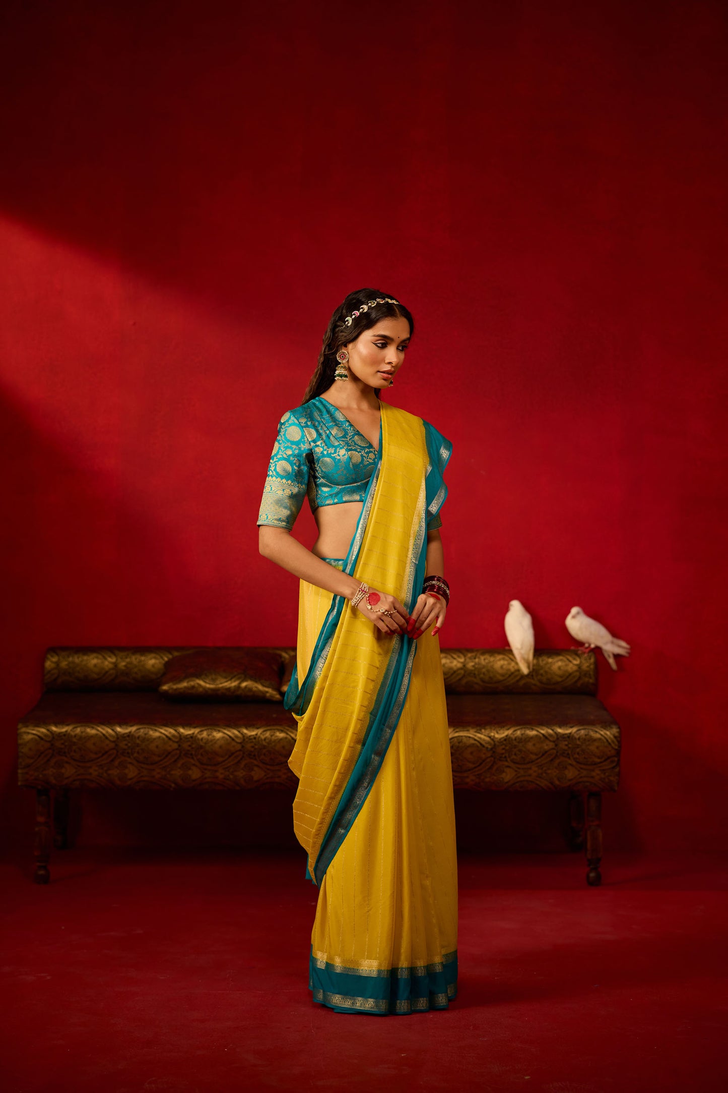 Lemon Yellow & Teal Blue Viscose Saree with Silver Zari Stripes and Border
