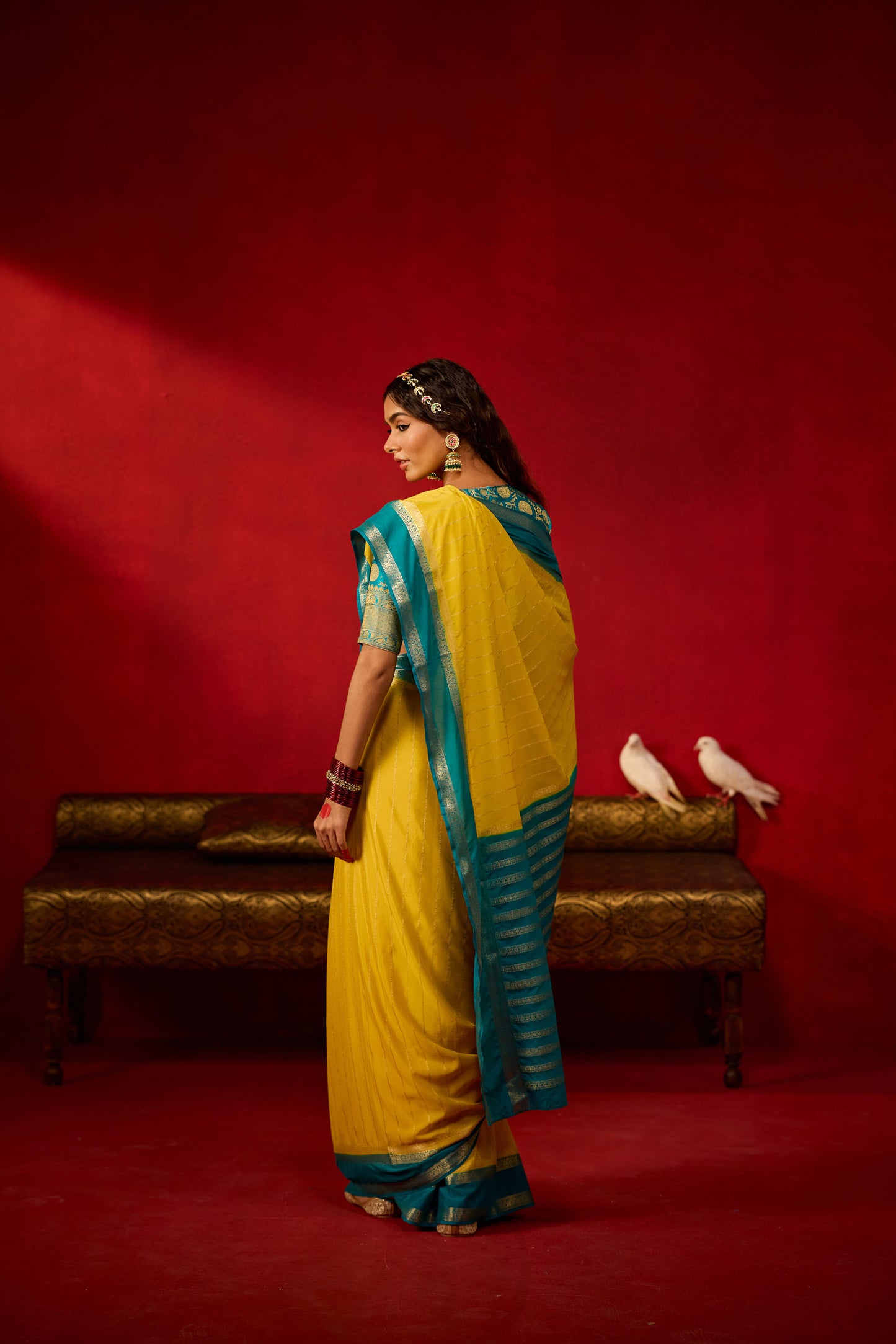 Lemon Yellow & Teal Blue Viscose Saree with Silver Zari Stripes and Border