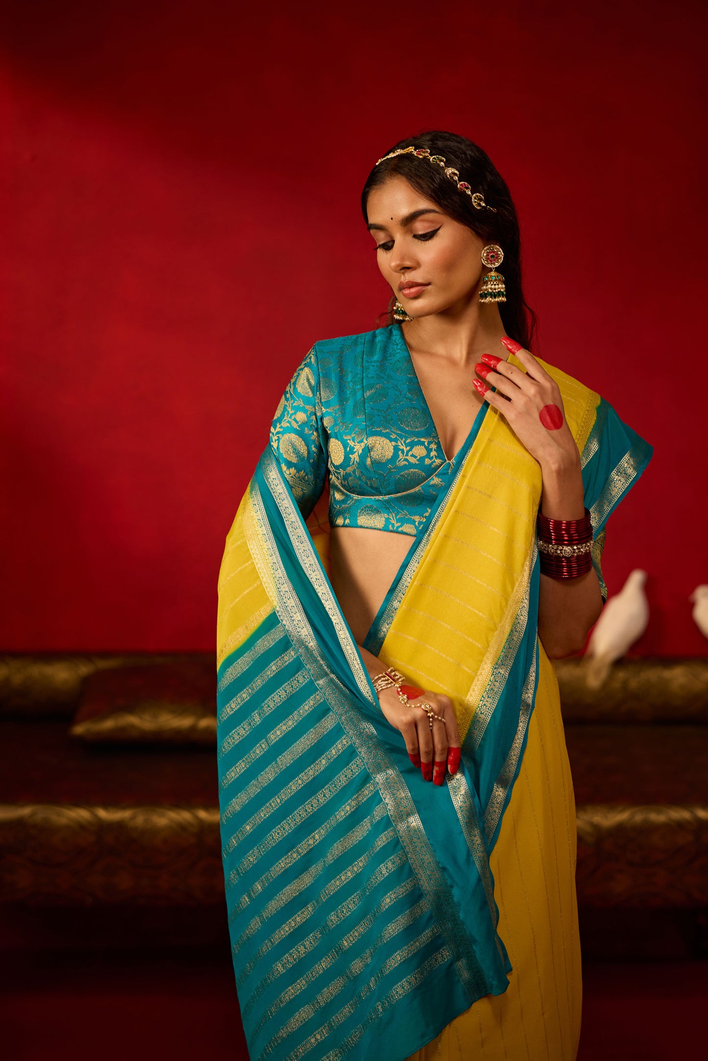 Lemon Yellow & Teal Blue Viscose Saree with Silver Zari Stripes and Border