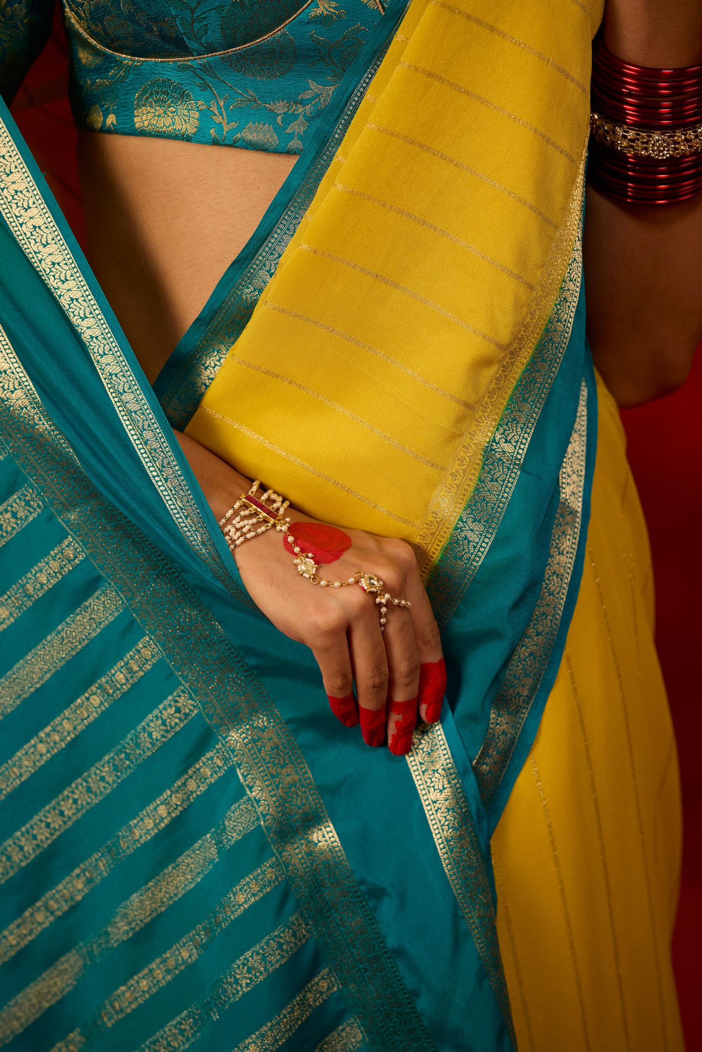 Lemon Yellow & Teal Blue Viscose Saree with Silver Zari Stripes and Border