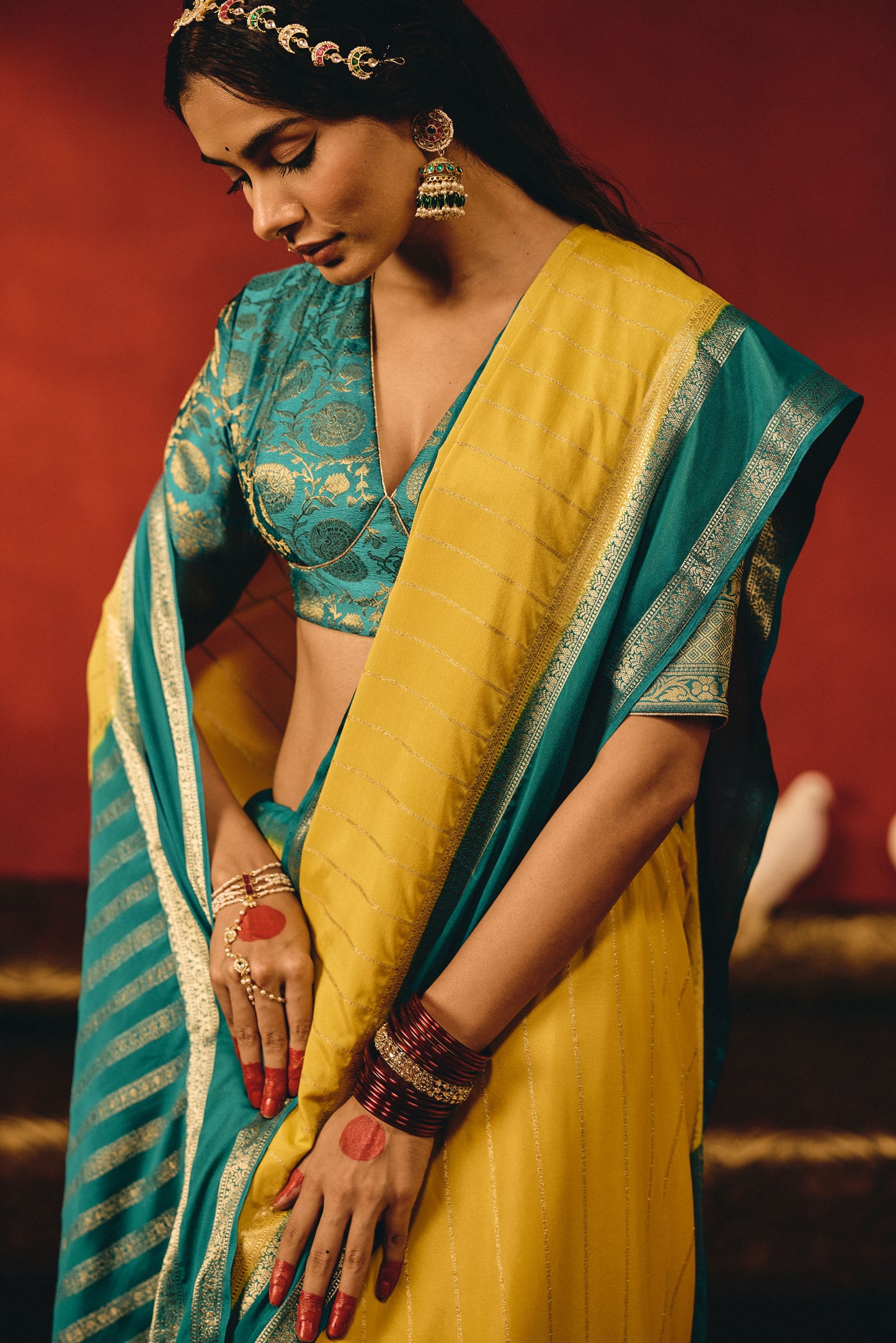 Lemon Yellow & Teal Blue Viscose Saree with Silver Zari Stripes and Border