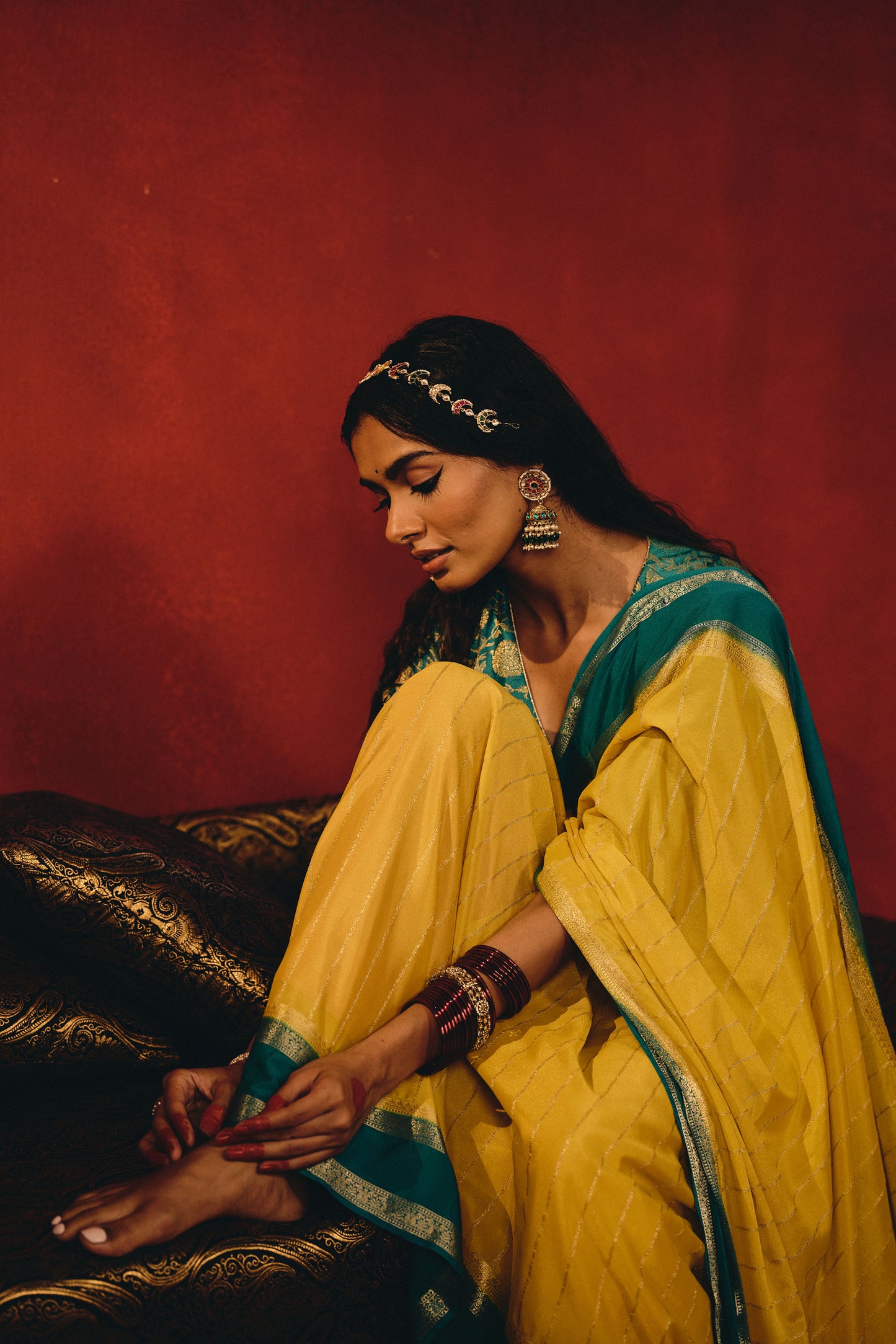 Lemon Yellow & Teal Blue Viscose Saree with Silver Zari Stripes and Border