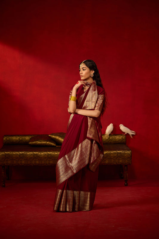 Maroon Viscose Saree with Antique Gold Zari Border