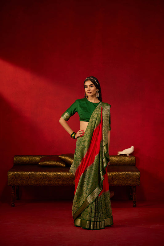 Red and Green Viscose Saree with Golden Zari Work