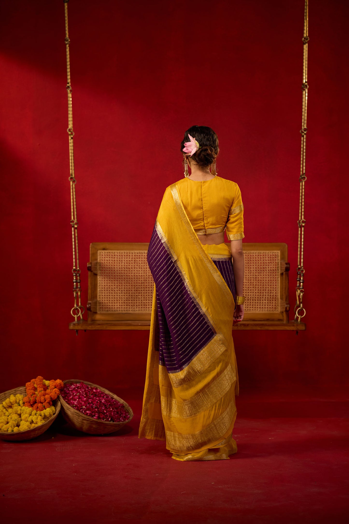 Mustard Yellow & Plum Viscose Saree with Gold Zari Stripes and Traditional Border