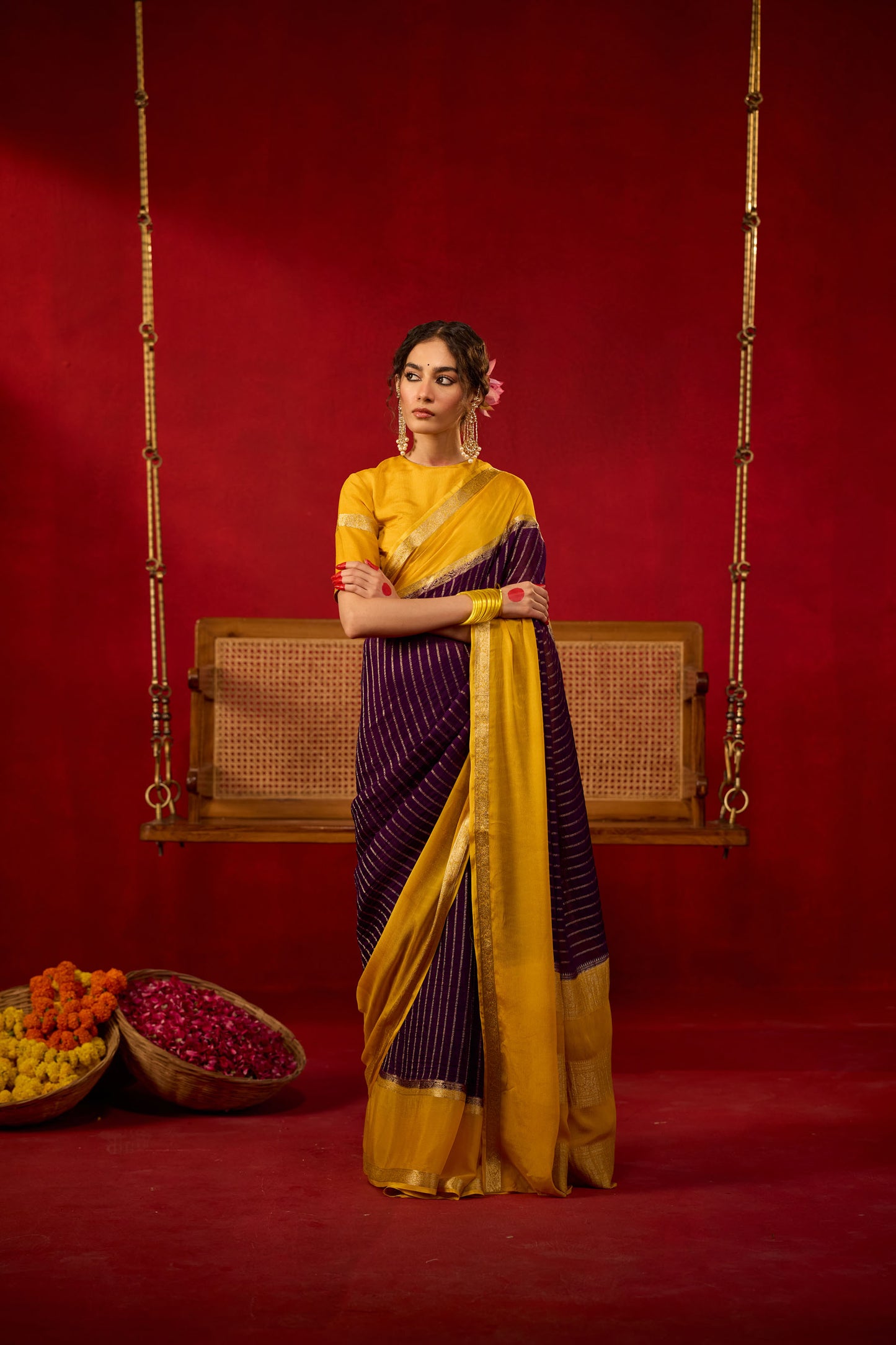 Mustard Yellow & Plum Viscose Saree with Gold Zari Stripes and Traditional Border