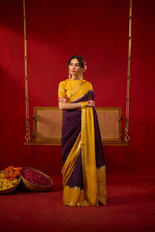 Mustard Yellow & Plum Viscose Saree with Gold Zari Stripes and Traditional Border