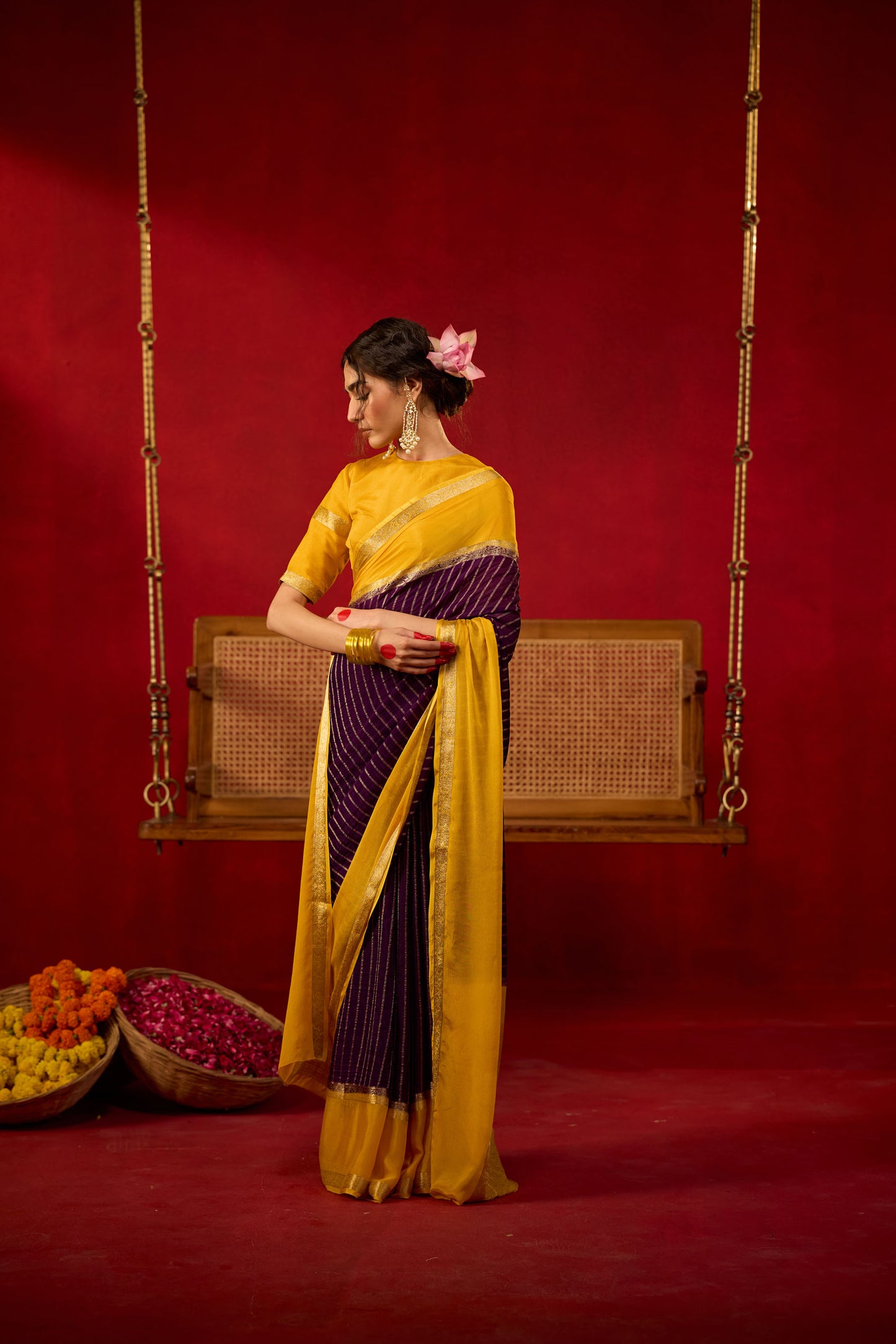 Mustard Yellow & Plum Viscose Saree with Gold Zari Stripes and Traditional Border