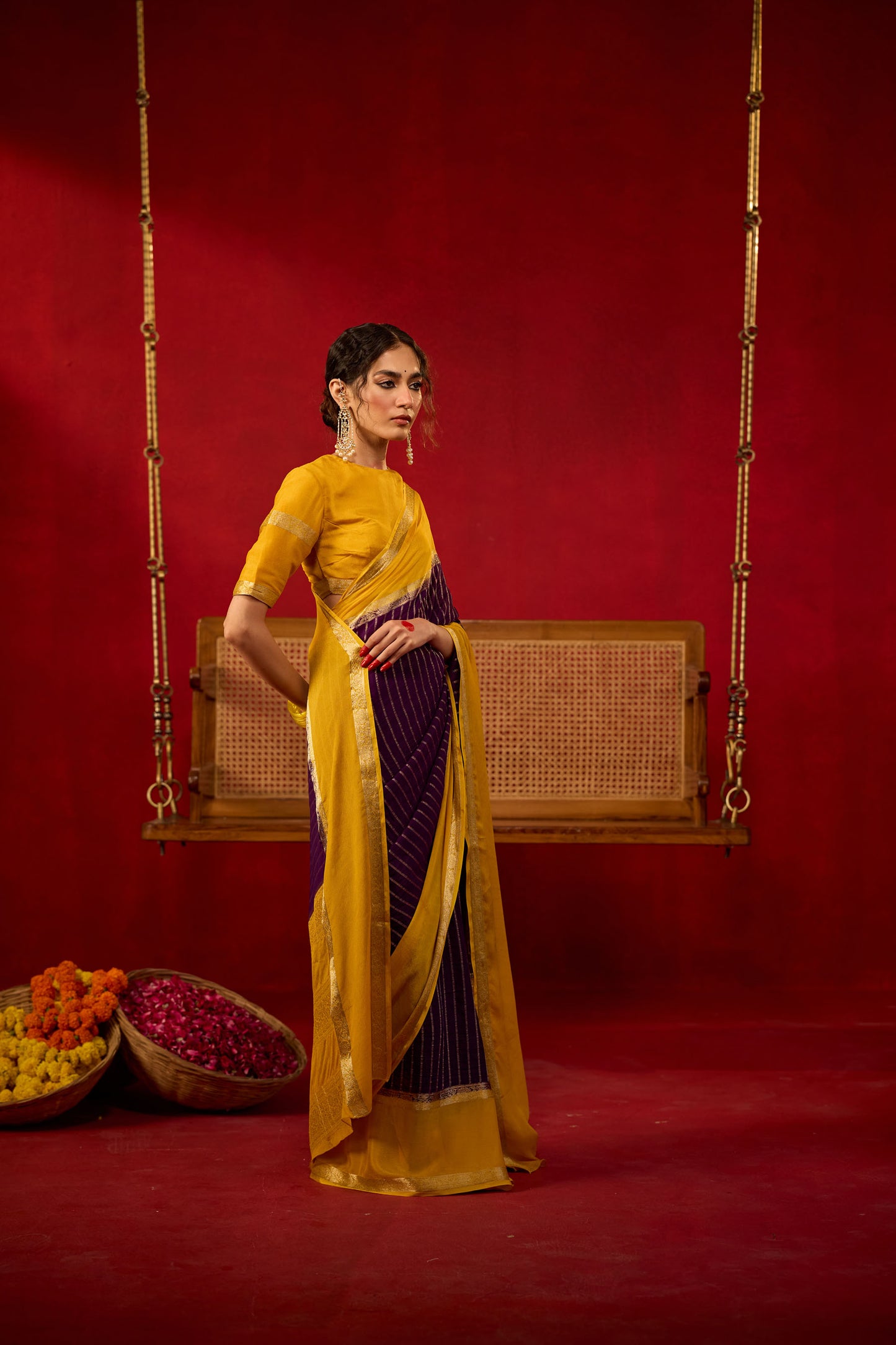 Mustard Yellow & Plum Viscose Saree with Gold Zari Stripes and Traditional Border