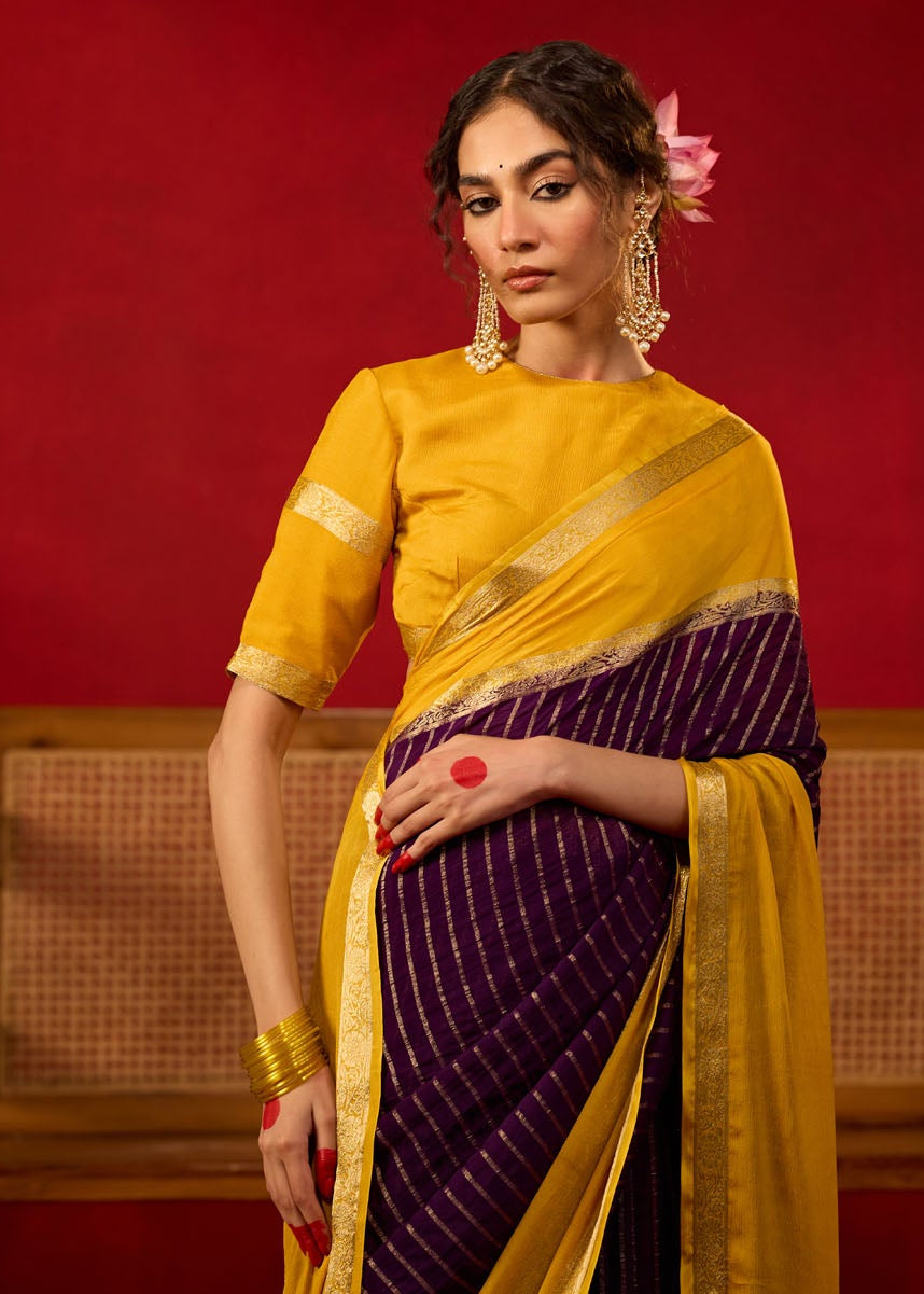 Mustard Yellow & Plum Viscose Saree with Gold Zari Stripes and Traditional Border