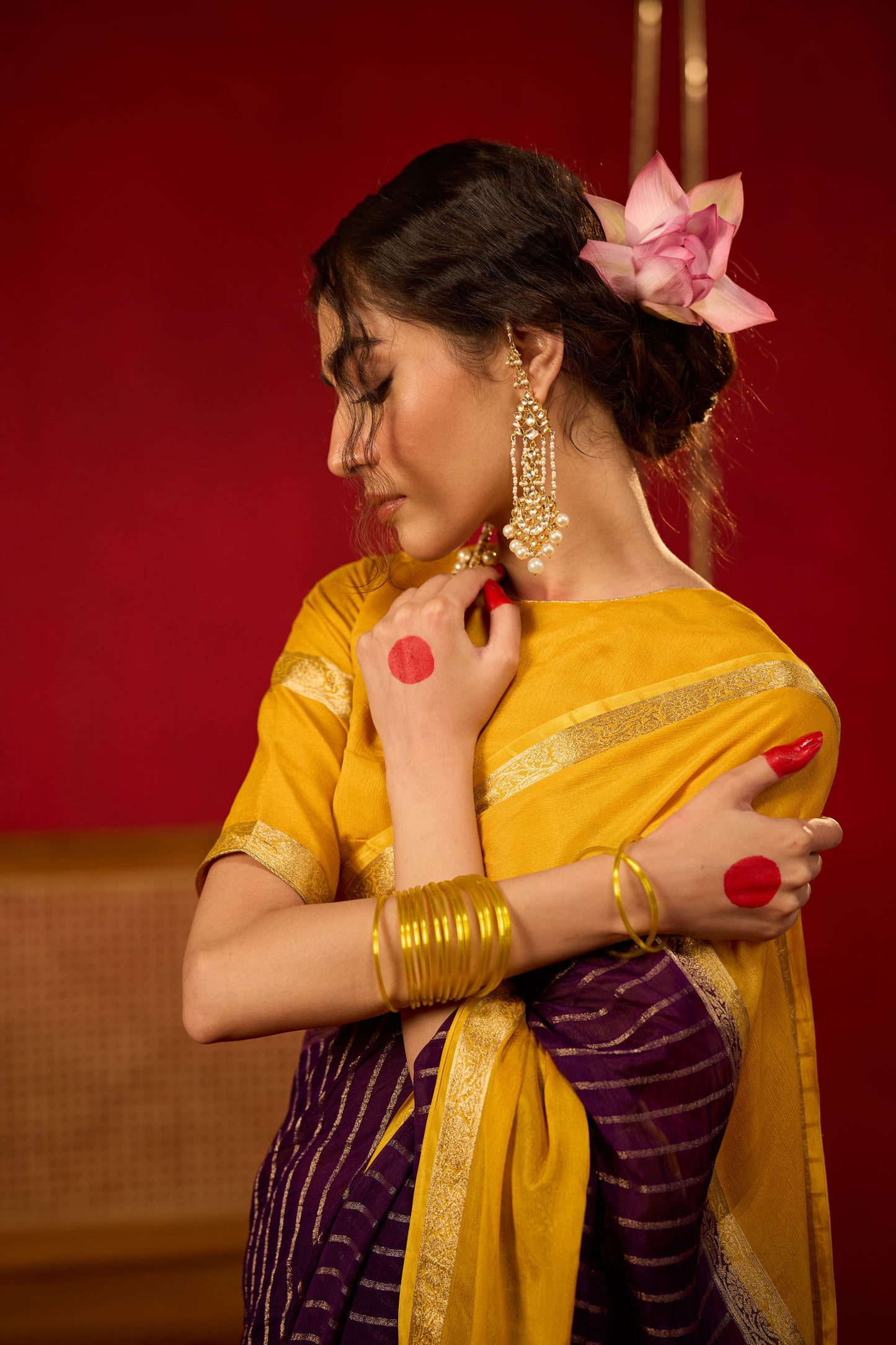 Mustard Yellow & Plum Viscose Saree with Gold Zari Stripes and Traditional Border