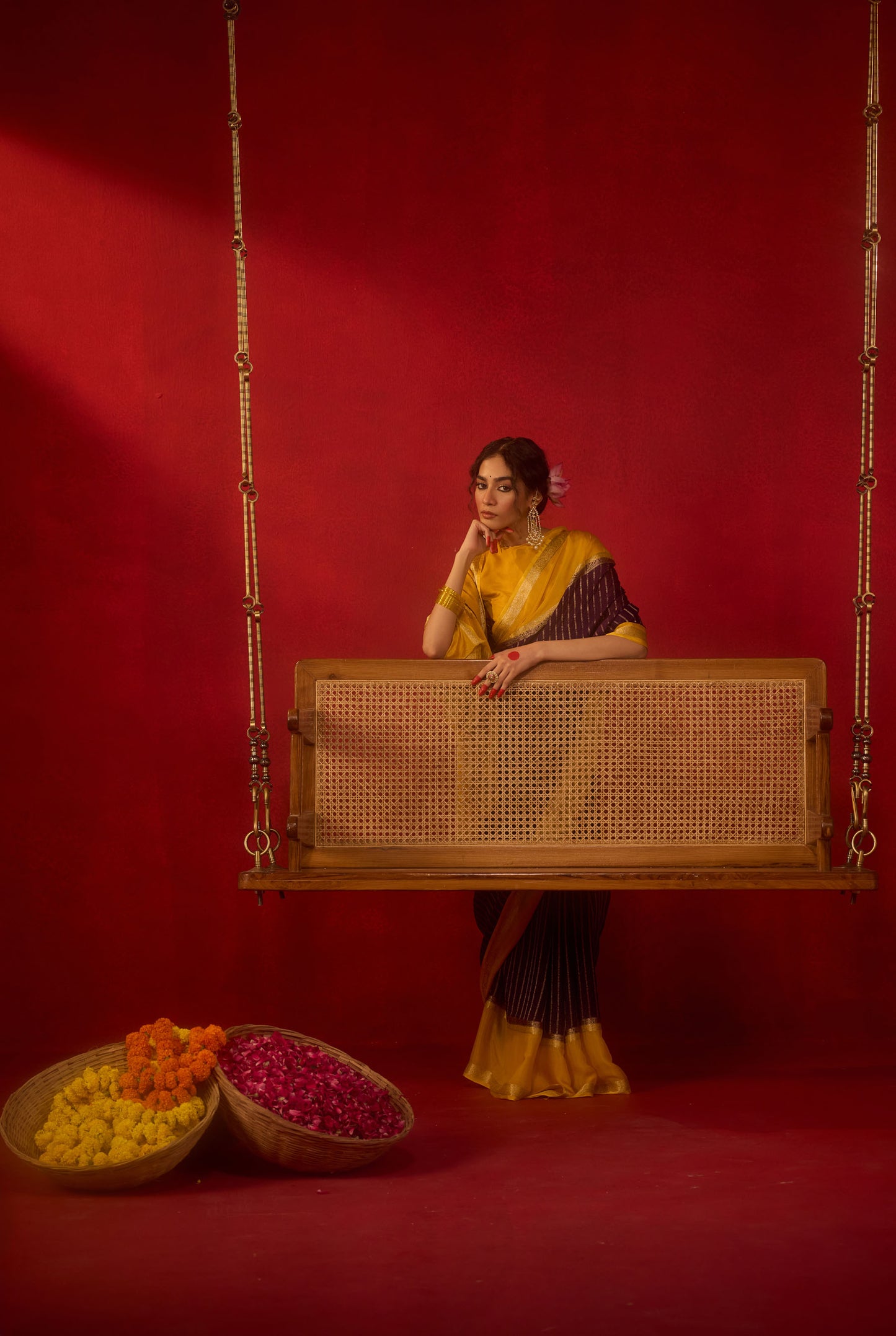 Mustard Yellow & Plum Viscose Saree with Gold Zari Stripes and Traditional Border