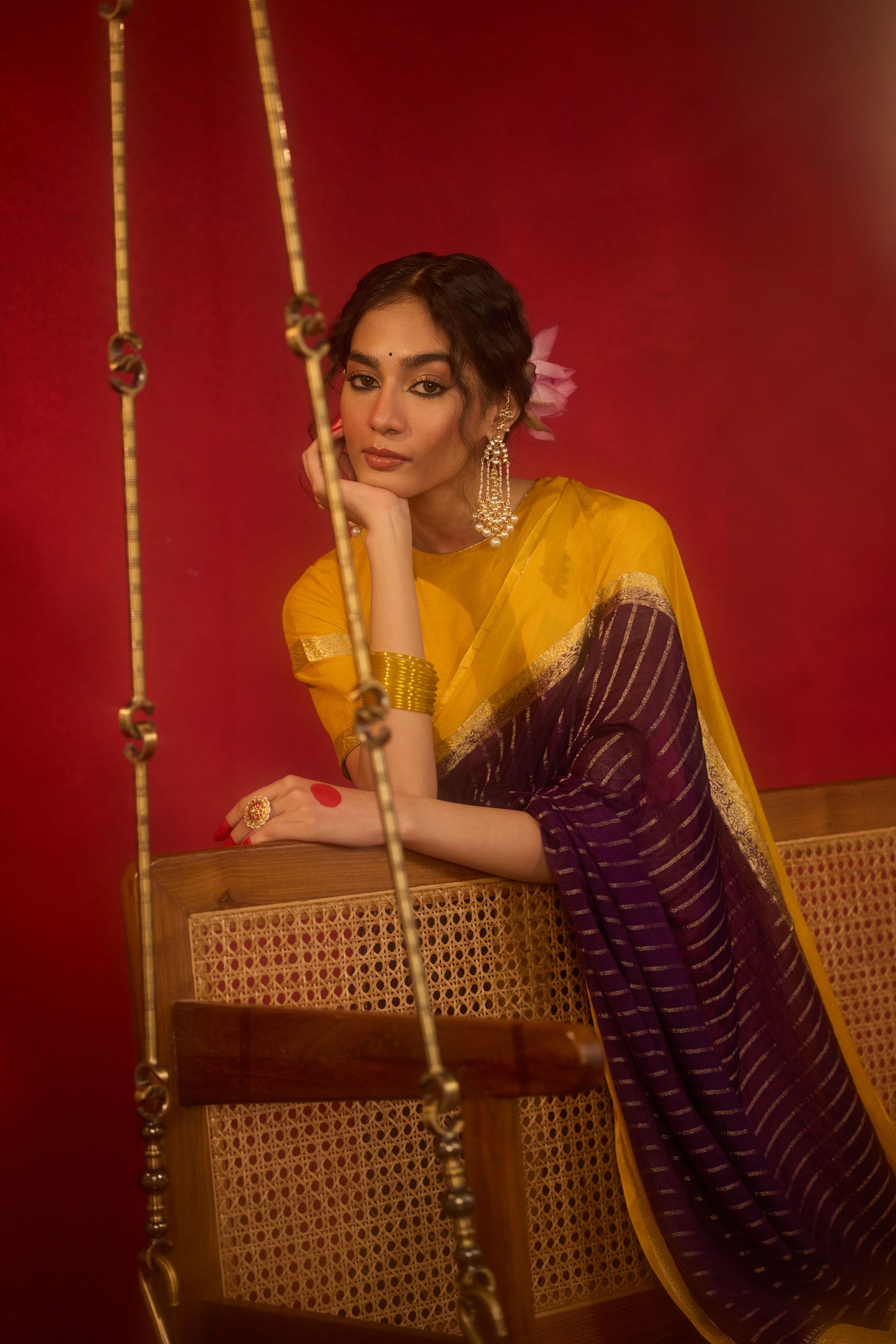 Mustard Yellow & Plum Viscose Saree with Gold Zari Stripes and Traditional Border