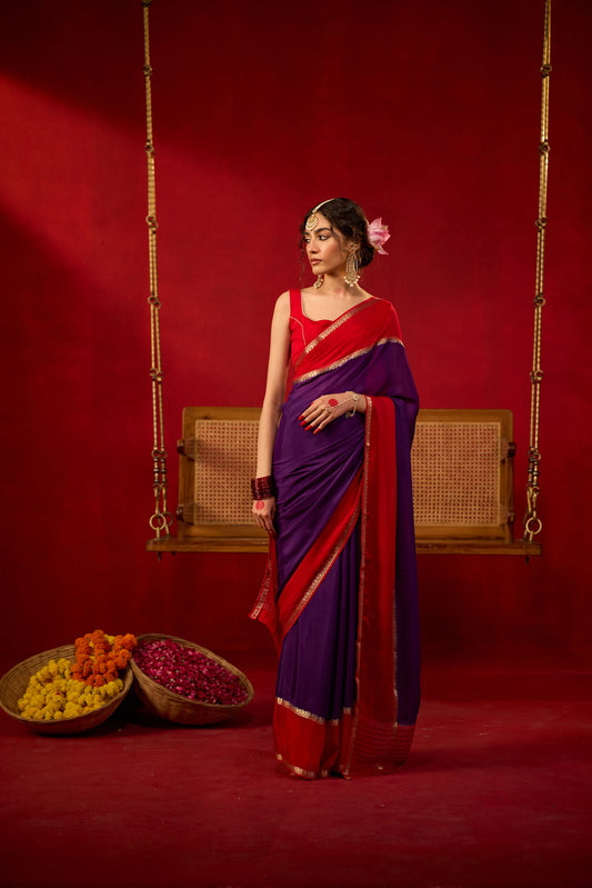 Purple-Red Viscose Saree with Gold Zari Border