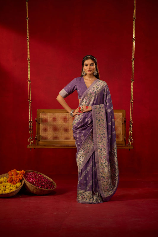 Purple Viscose Saree with Silver Zari and Multicolor Floral Border