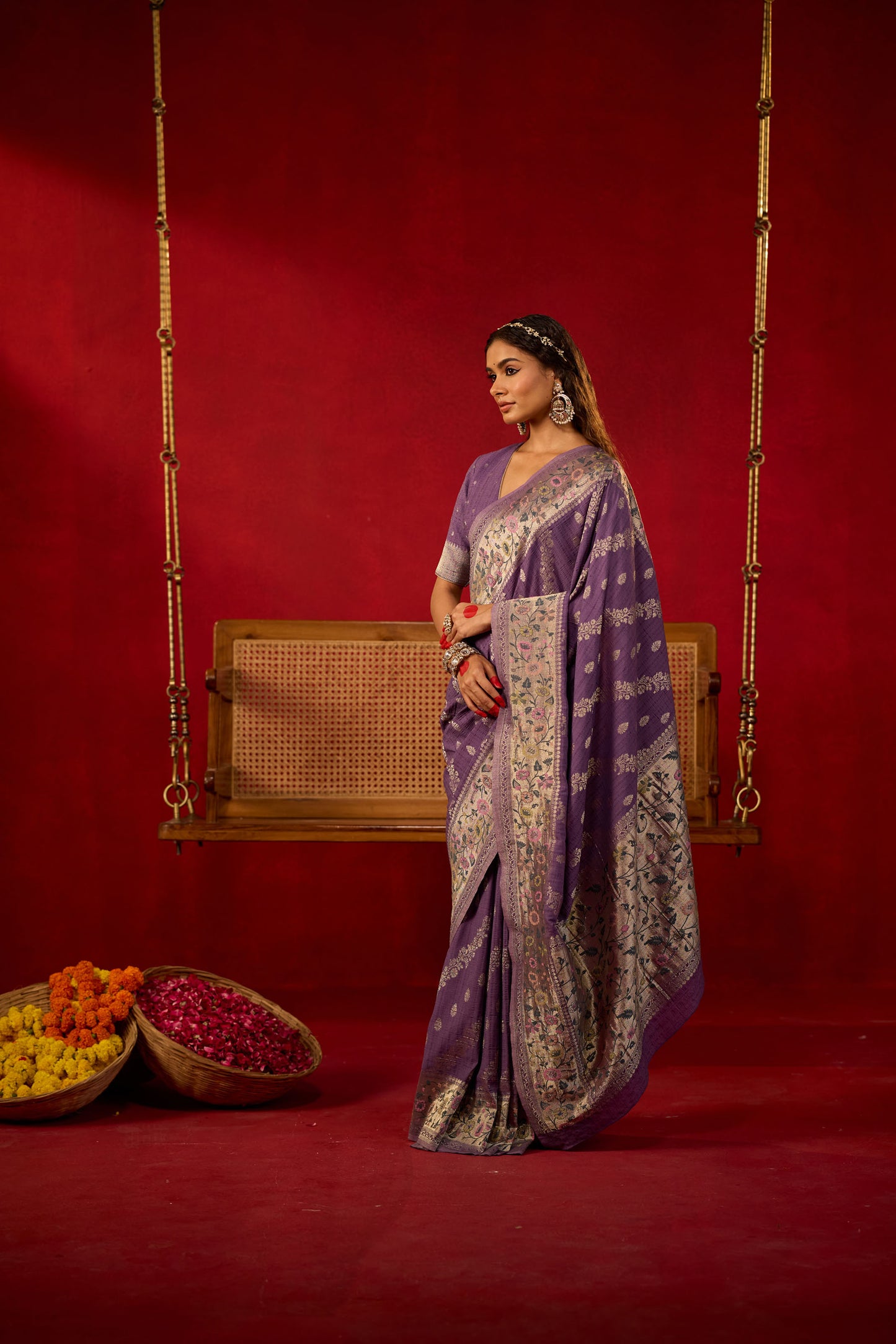 Purple Viscose Saree with Silver Zari and Multicolor Floral Border