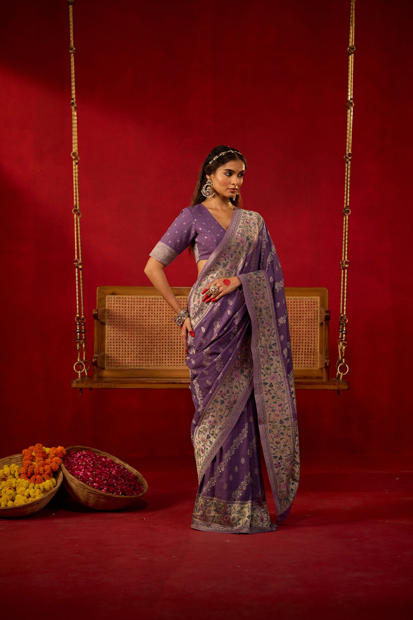 Purple Viscose Saree with Silver Zari and Multicolor Floral Border