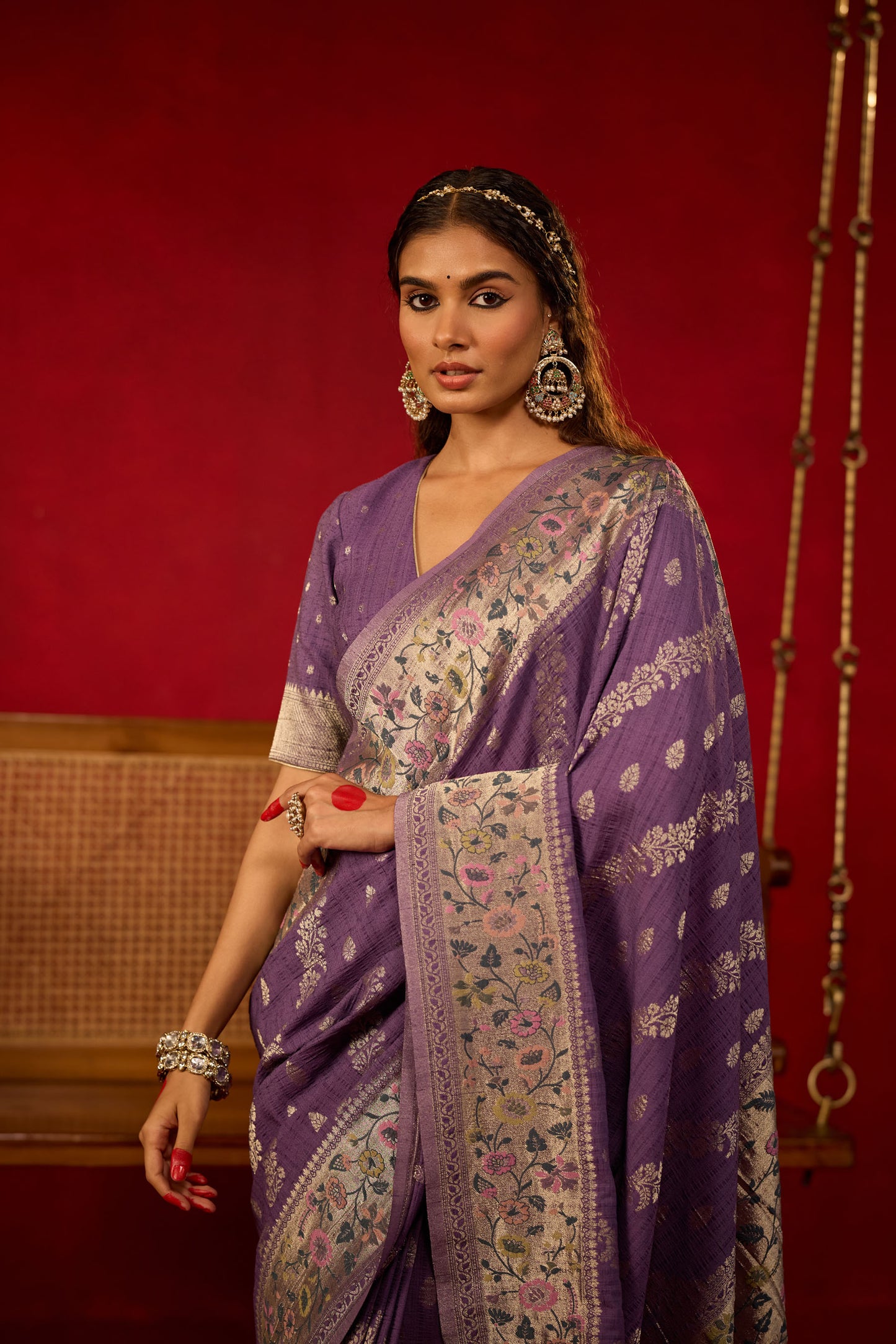 Purple Viscose Saree with Silver Zari and Multicolor Floral Border