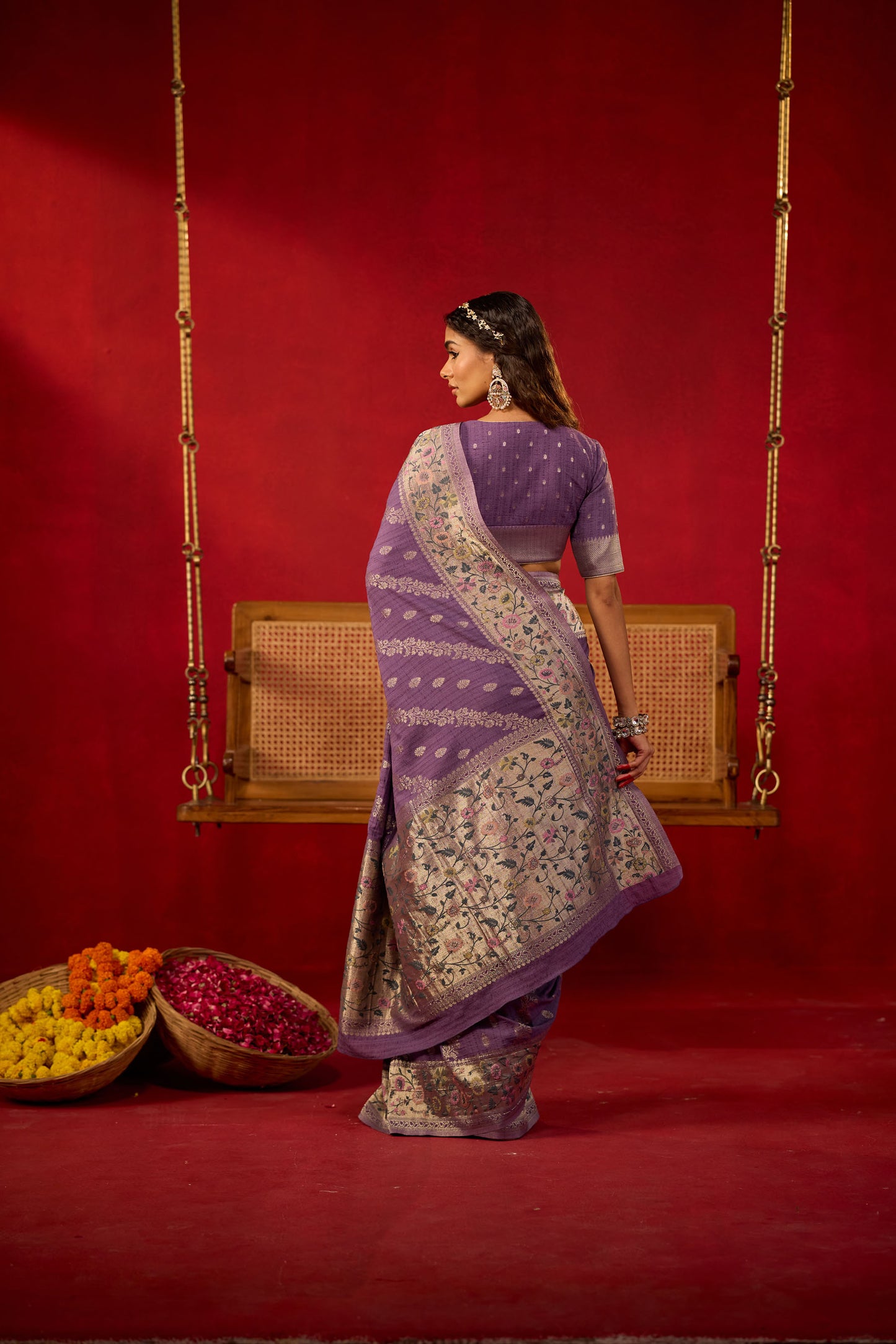 Purple Viscose Saree with Silver Zari and Multicolor Floral Border