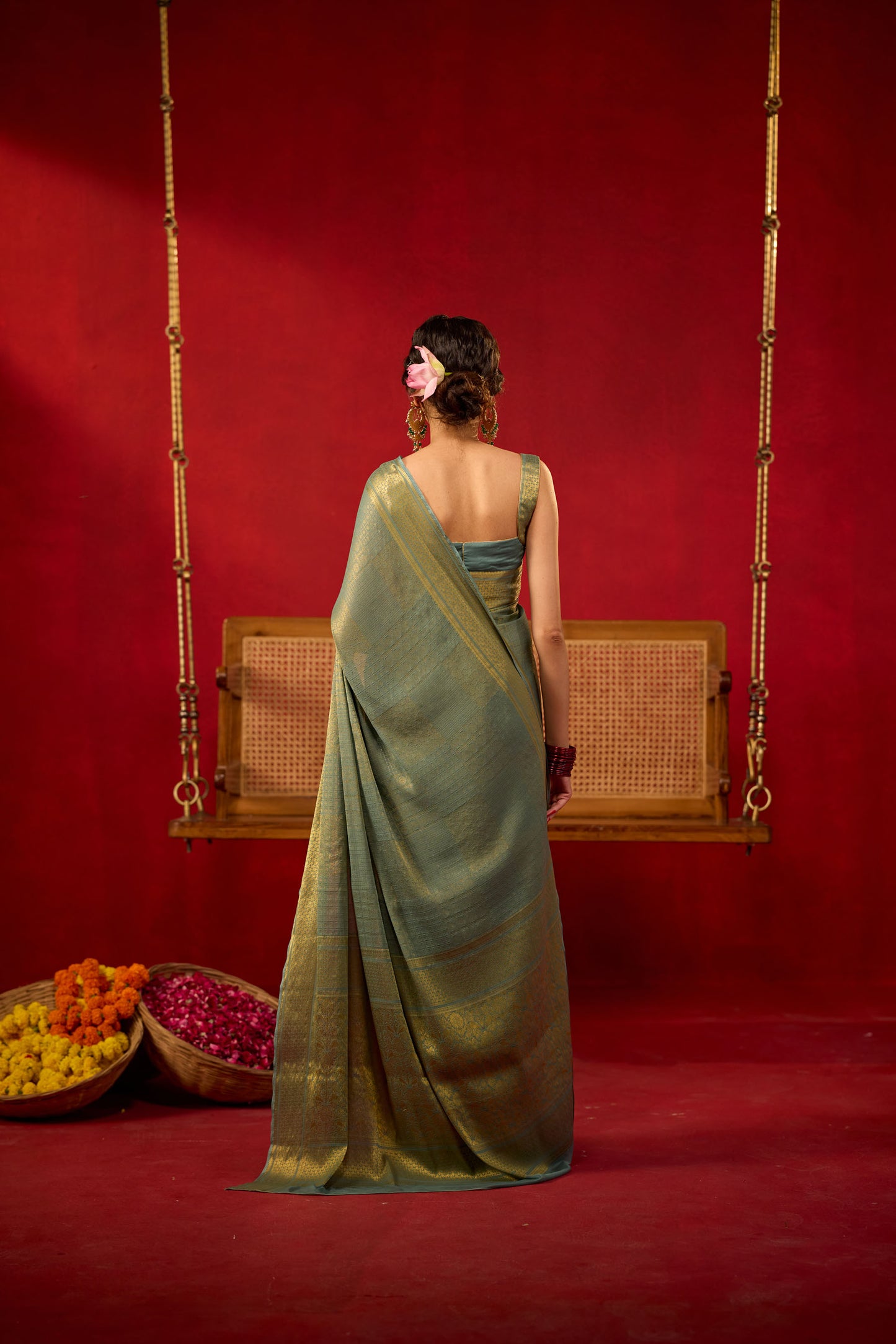 Teal Green Viscose Saree with Golden Zari Work