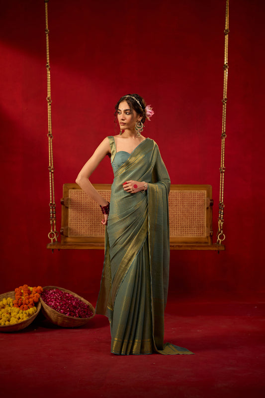 Teal Green Viscose Saree with Golden Zari Work