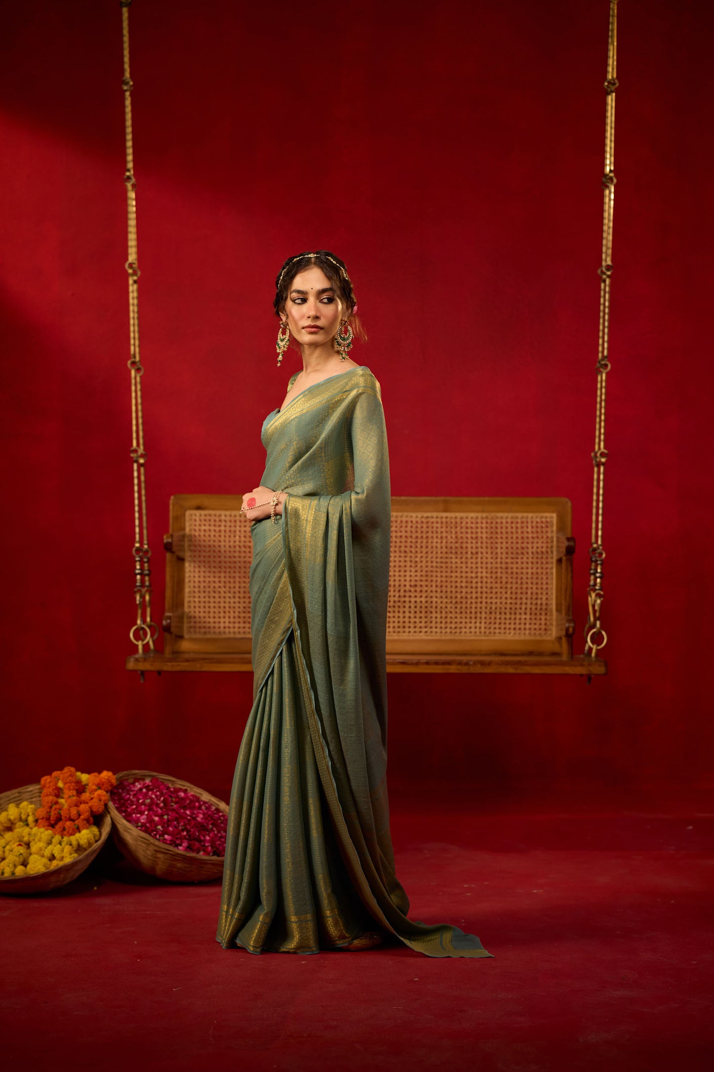 Teal Green Viscose Saree with Golden Zari Work
