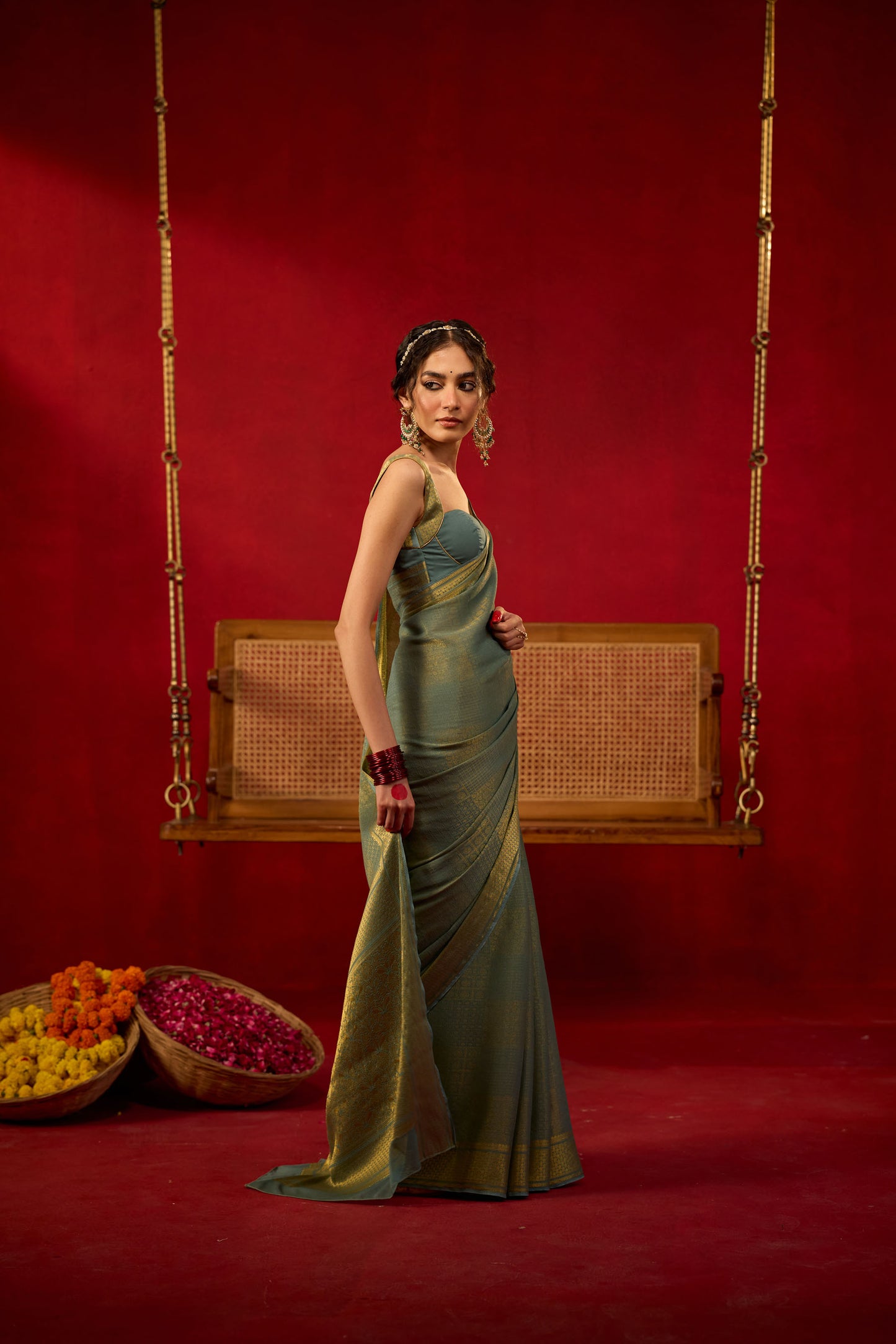 Teal Green Viscose Saree with Golden Zari Work
