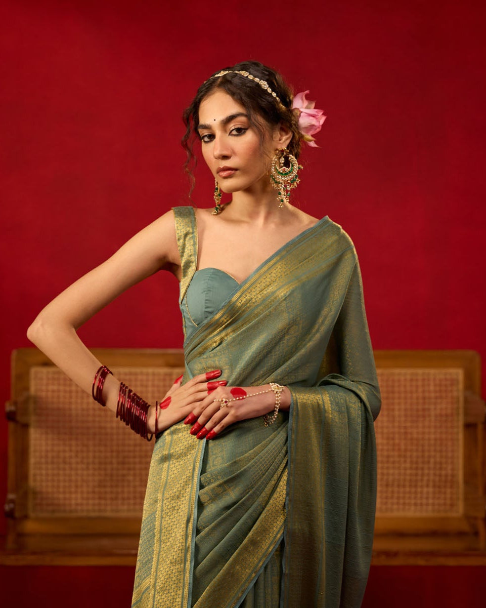 Teal Green Viscose Saree with Golden Zari Work