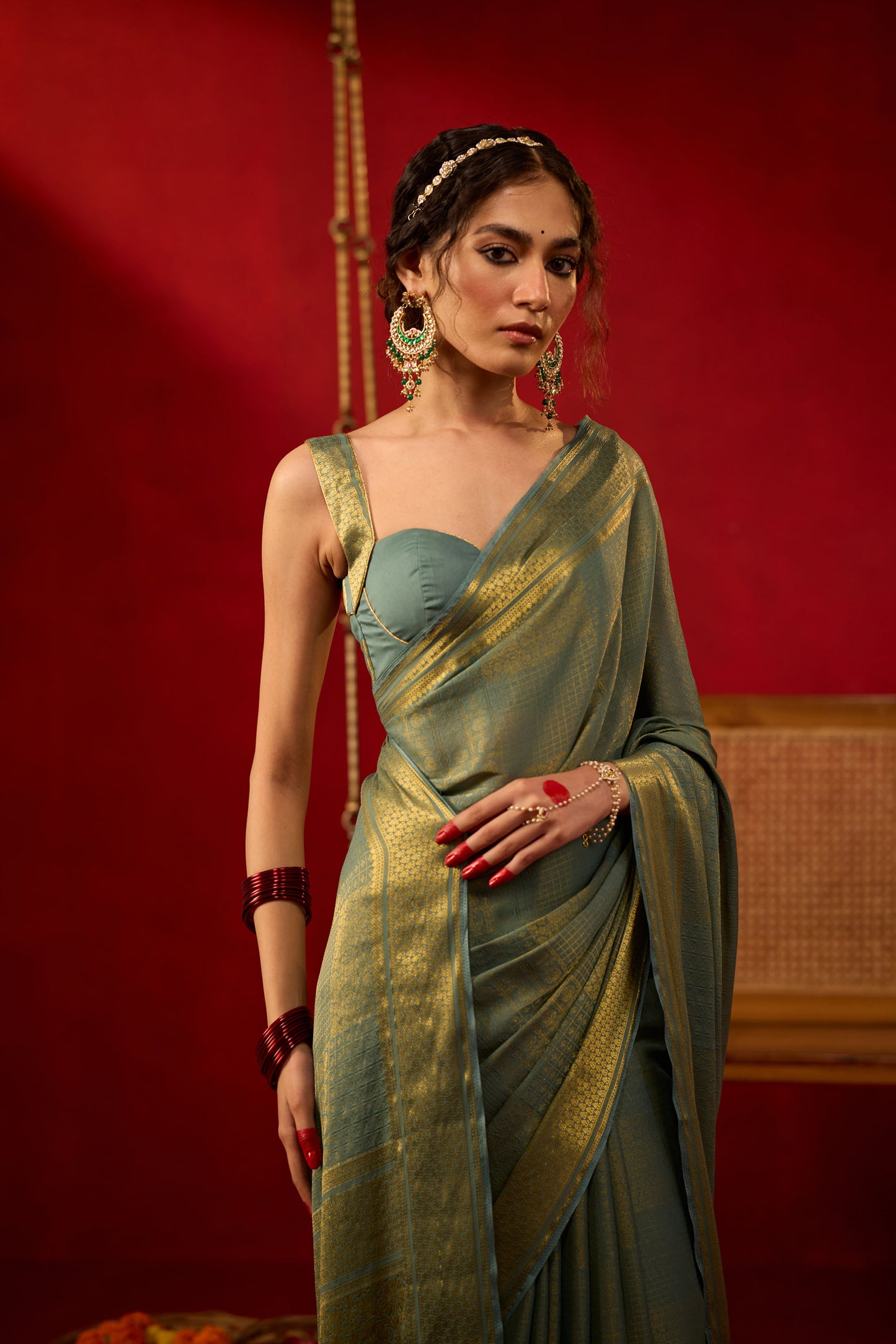 Teal Green Viscose Saree with Golden Zari Work