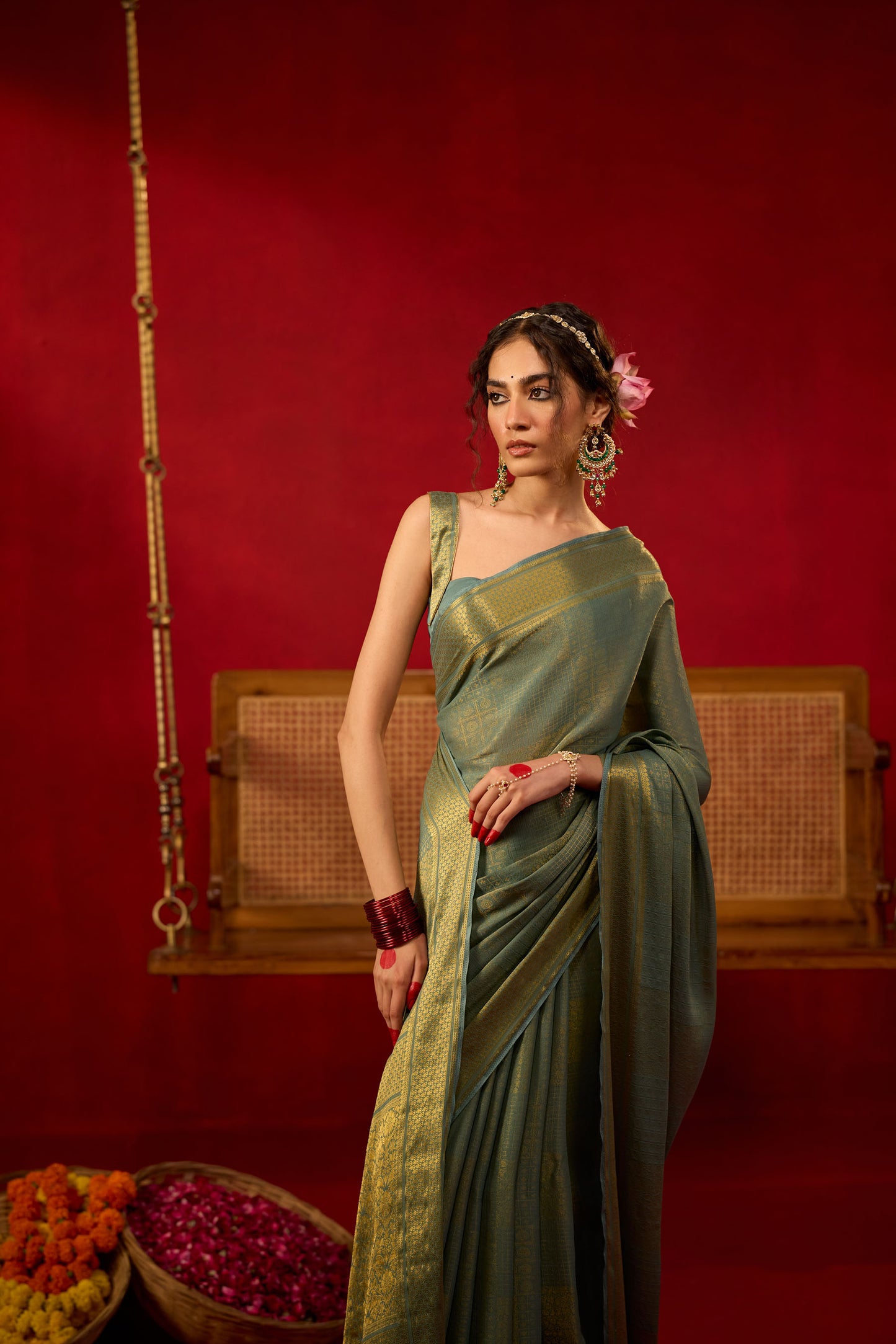 Teal Green Viscose Saree with Golden Zari Work