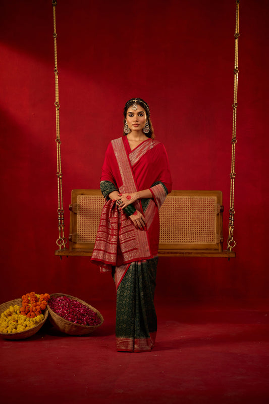 Maroon and Dark Green Viscose Saree with Golden Floral Jacquard Border