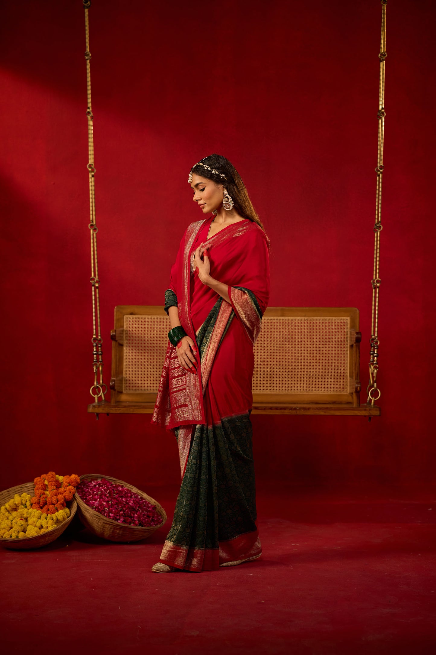 Maroon and Dark Green Viscose Saree with Golden Floral Jacquard Border