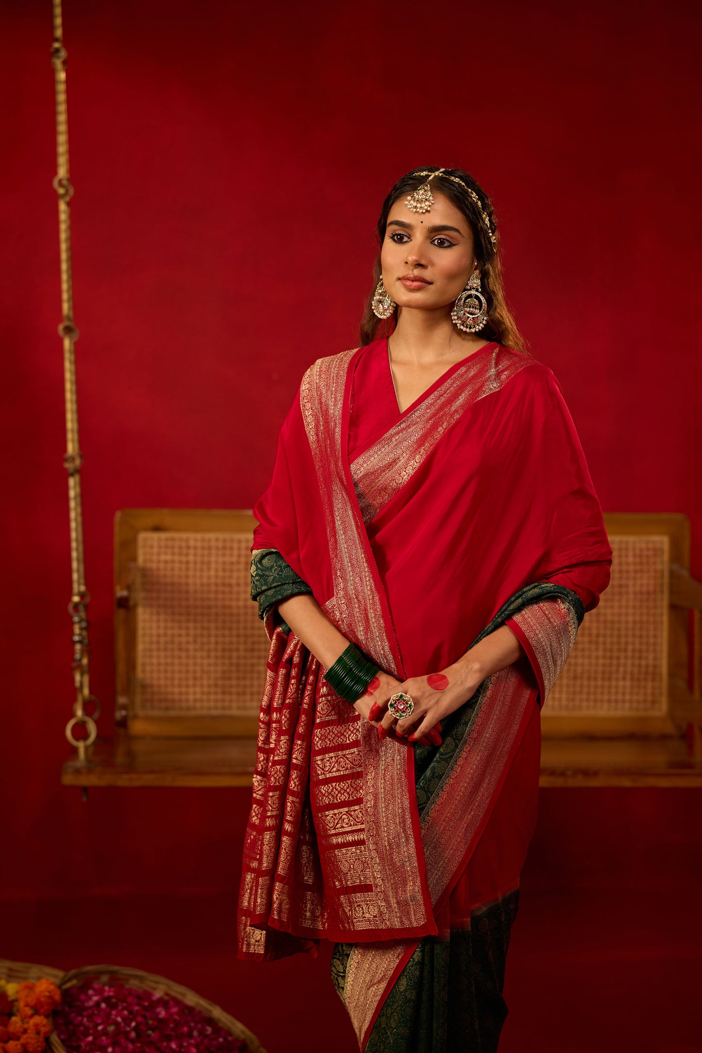 Maroon and Dark Green Viscose Saree with Golden Floral Jacquard Border