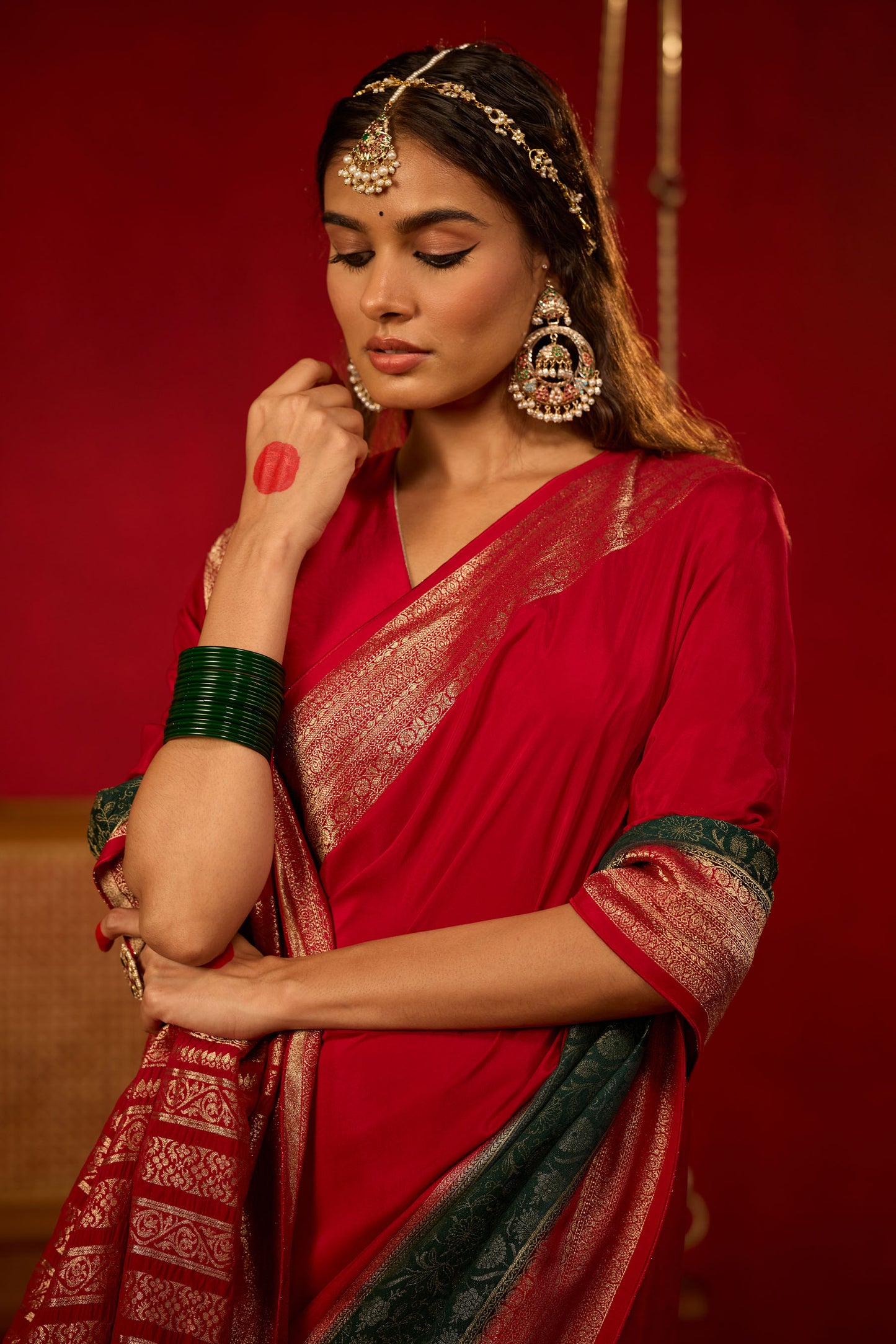 Maroon and Dark Green Viscose Saree with Golden Floral Jacquard Border