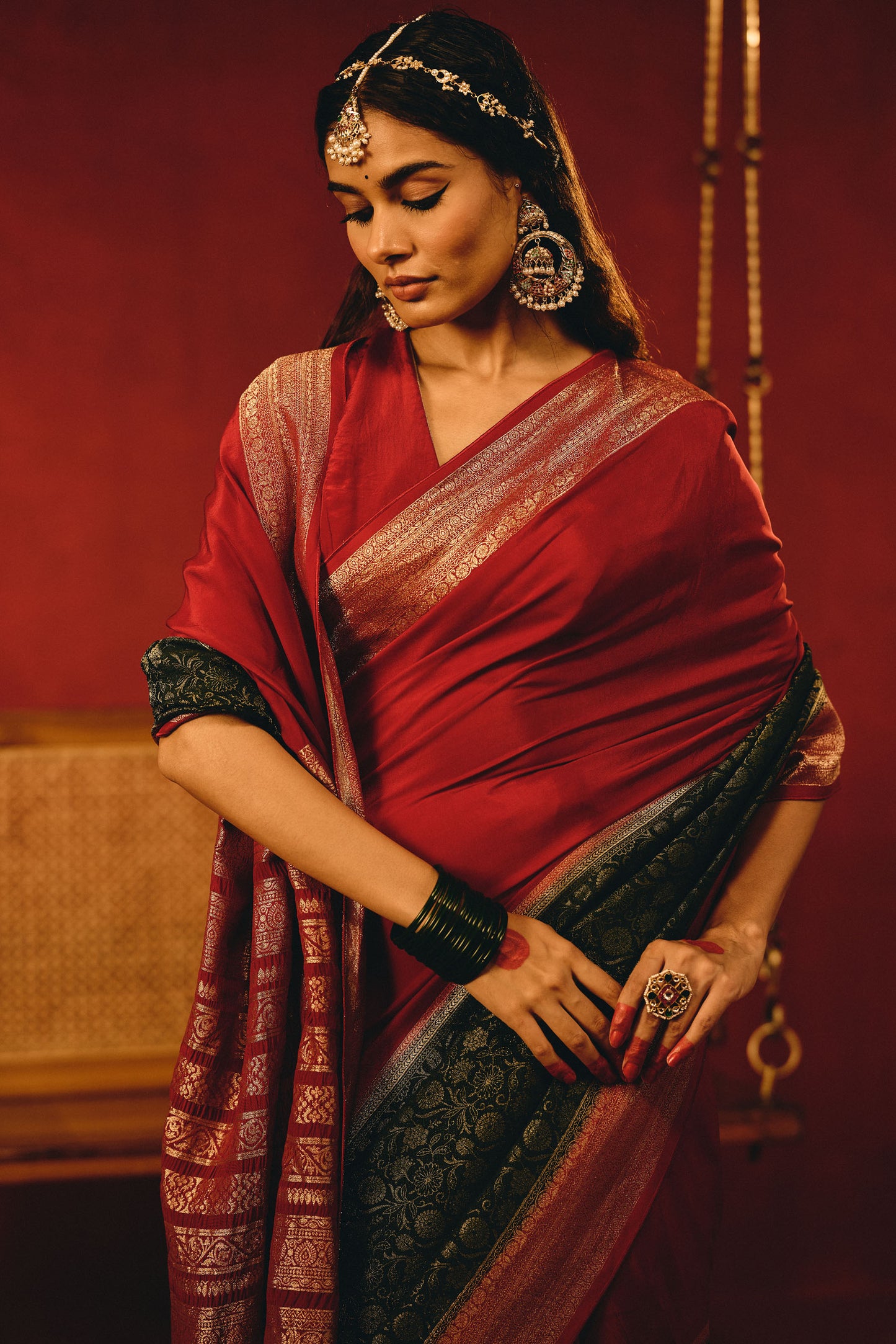 Maroon and Dark Green Viscose Saree with Golden Floral Jacquard Border