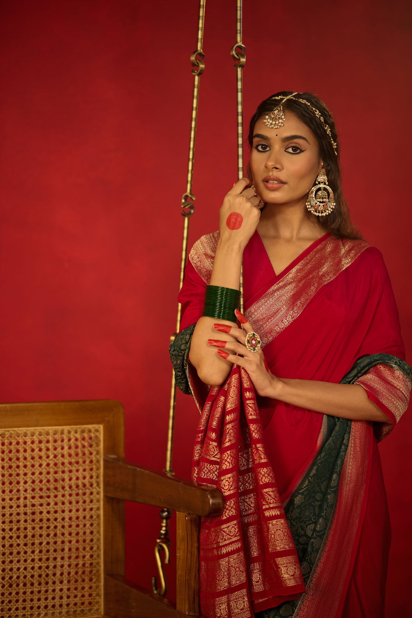 Maroon and Dark Green Viscose Saree with Golden Floral Jacquard Border