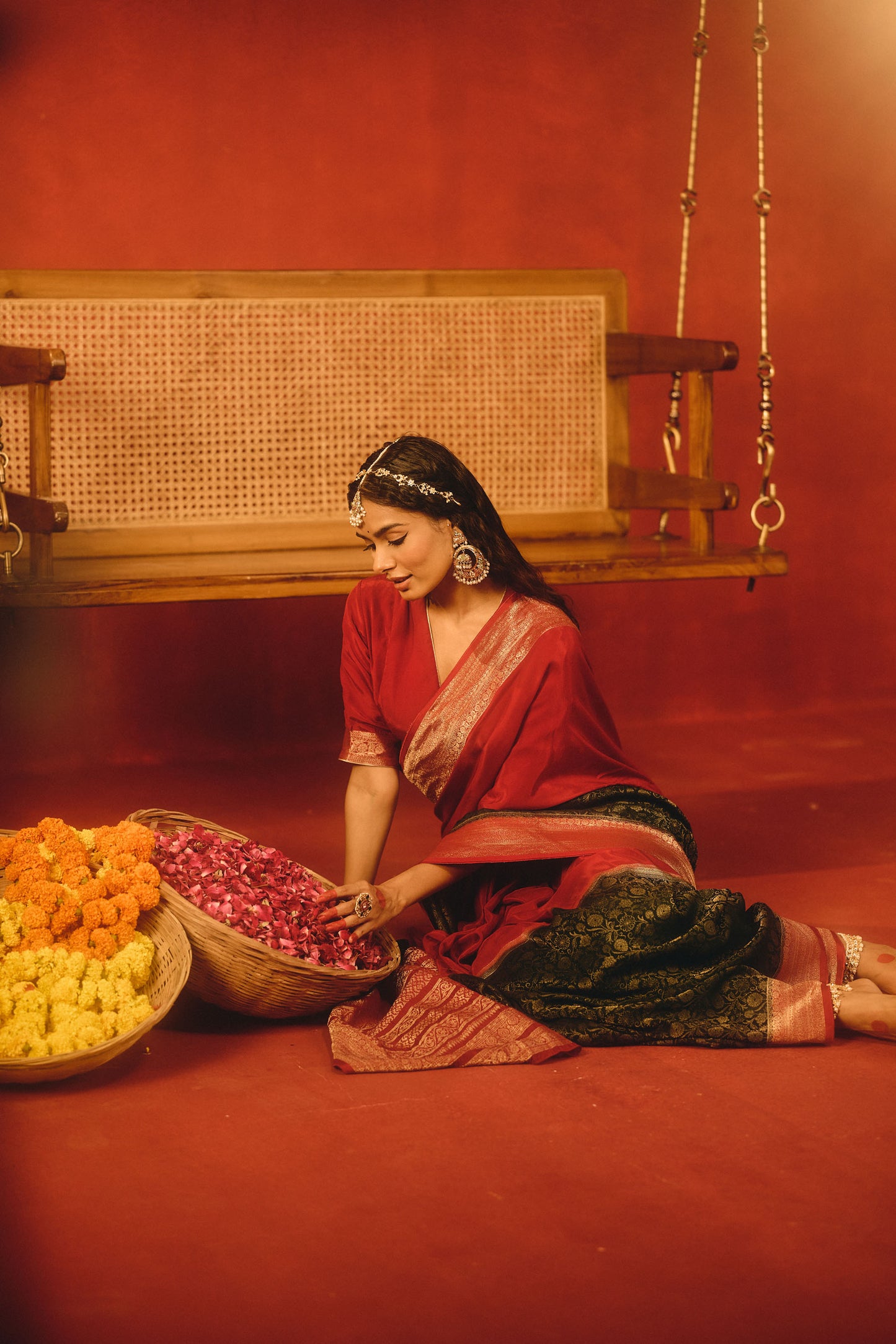 Maroon and Dark Green Viscose Saree with Golden Floral Jacquard Border